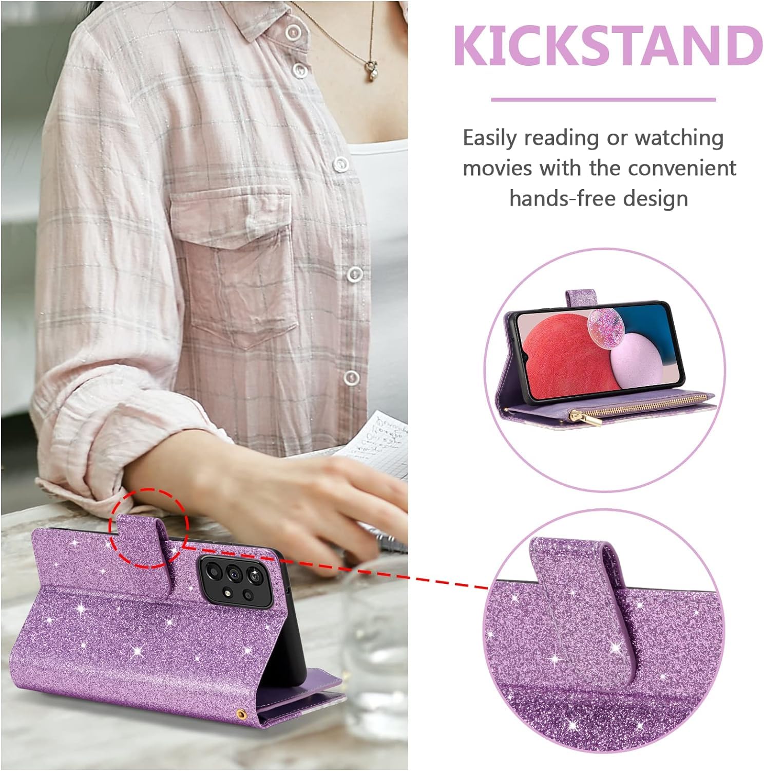 UEEBAI Wallet Case for Samsung Galaxy A35 5G, High-End PU Leather Magnetic Handbag Zipper Pocket Case Kickstand Card Holder Slots Wrist Strap TPU Shockproof Rose Flip Cover for Women - Bling Purple