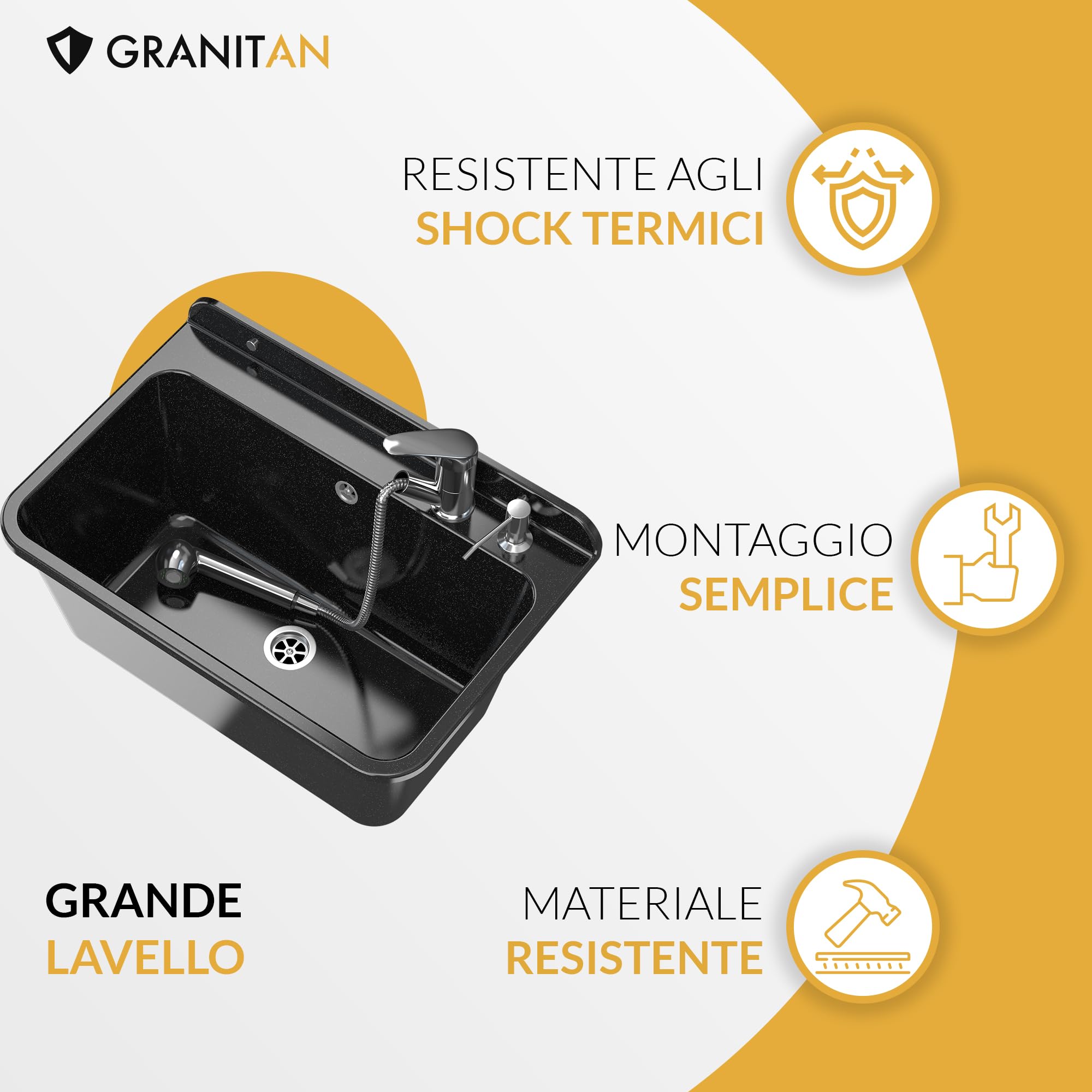 GRANITAN Lavandino da Esterno Moderno per Garage e Lavanderia - Lavatoio per Installazione Interna ed Esterna - Pilozzo da Esterno Giardino - 50x34x31 cm - (Grigio + Rubinetto del Lavello FLEX)