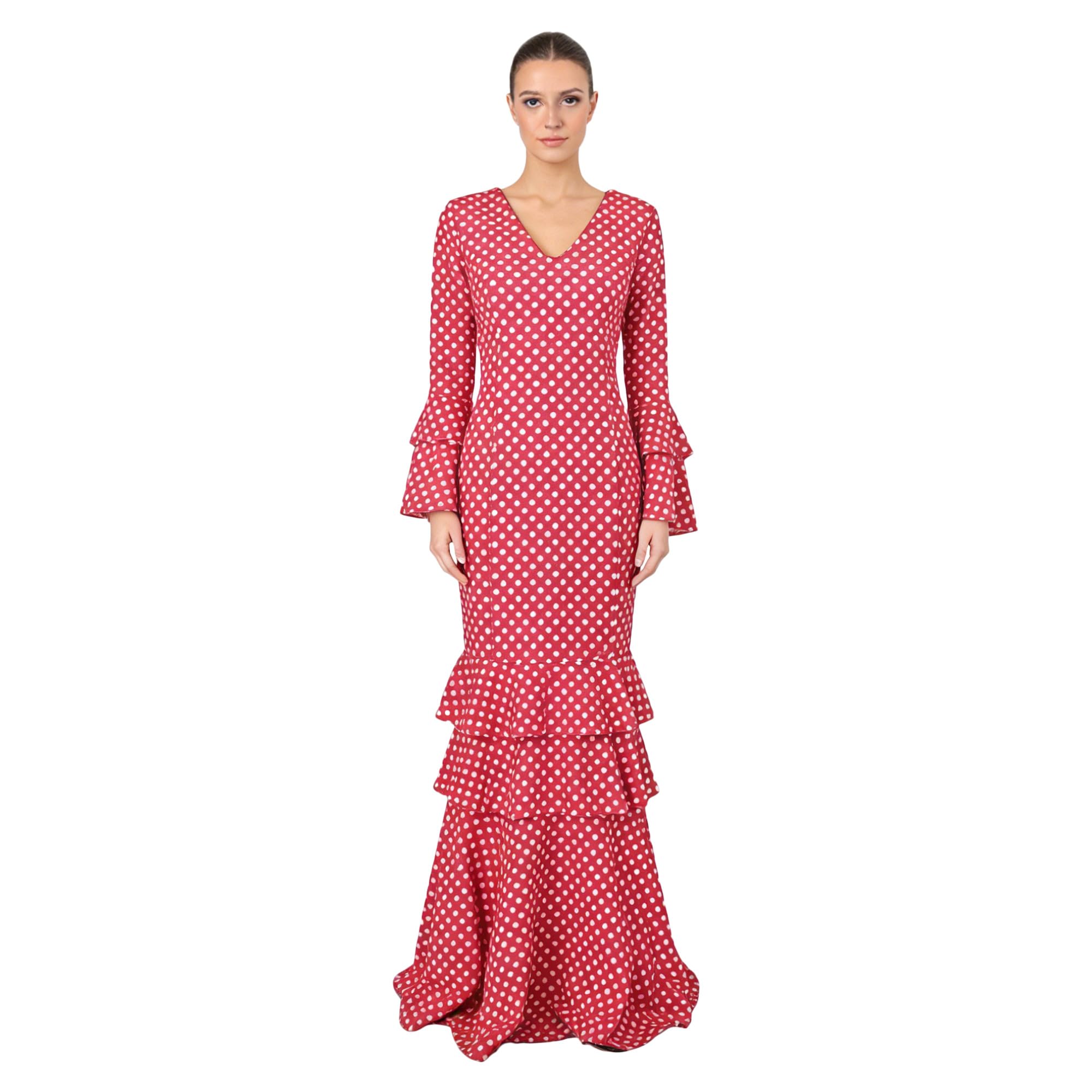 Vestito Fenicottero Donna Lungo - Costume da Sivigliana Adulto con Pois, Maniche a Siviglia - Vestito Andaluso Elegante per Fiera e Danza