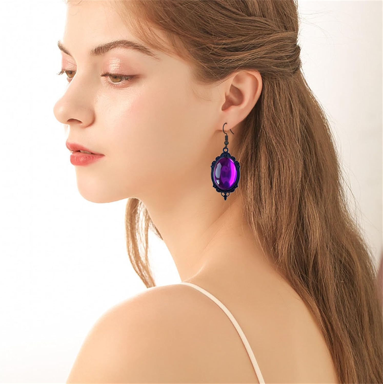 Dreuyet Gothic Crystal Cameo Earrings Vintage Crystal Glass Black Red Green Purple Gem Drop Earring Dark Punk Style Mystic Victorian Halloween Jewelry for Women - Image 3