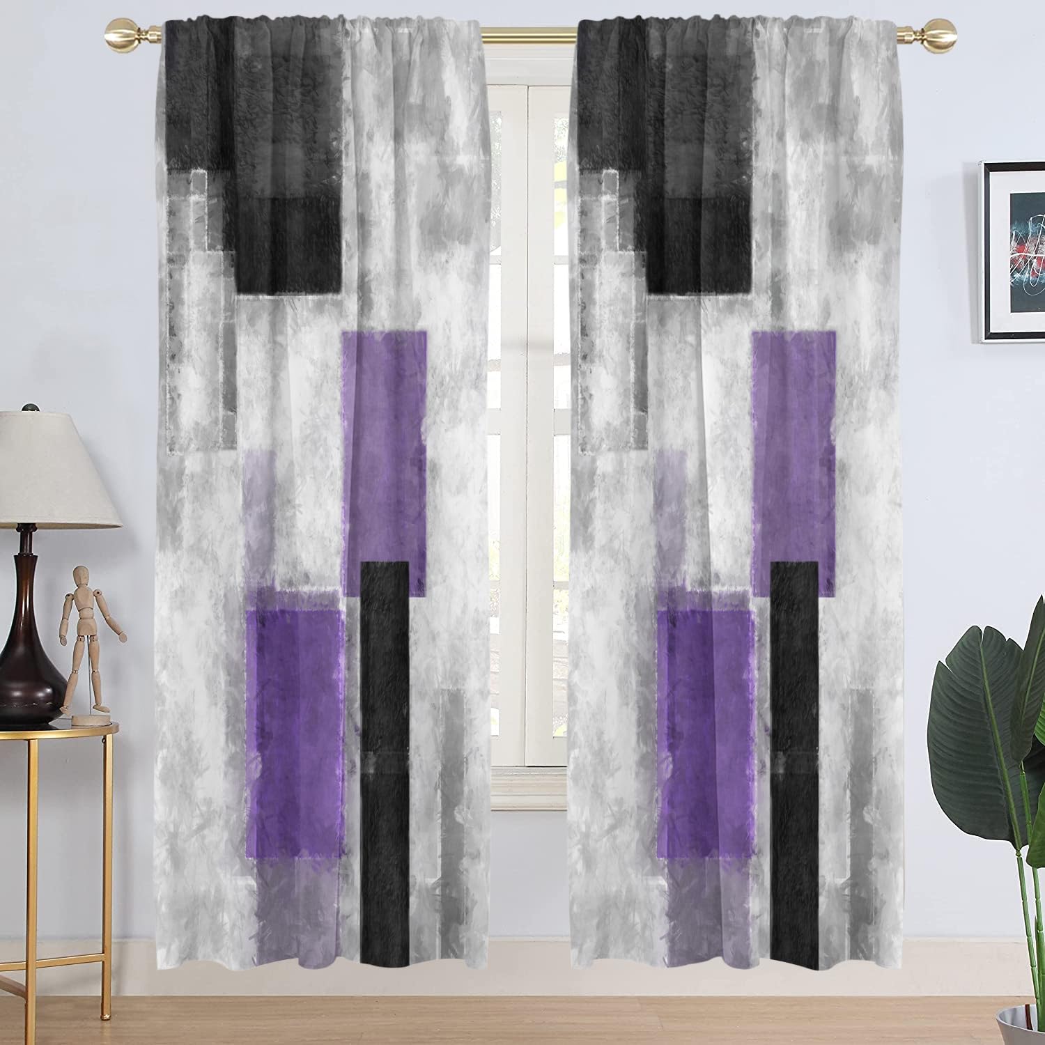 AAtter Purple Grey and Black Window Curtain Abstract Gray White Lavender Geometric Lilac Violet Silver Long Wide Living Room Bedroom Drapes Treatment
