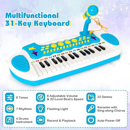 Miniatura 2 de Costzon Juguete de teclado de piano de 31 teclas para niños, instrumento musical electrónico para niños pequeños, juguete educativo con micrófono,