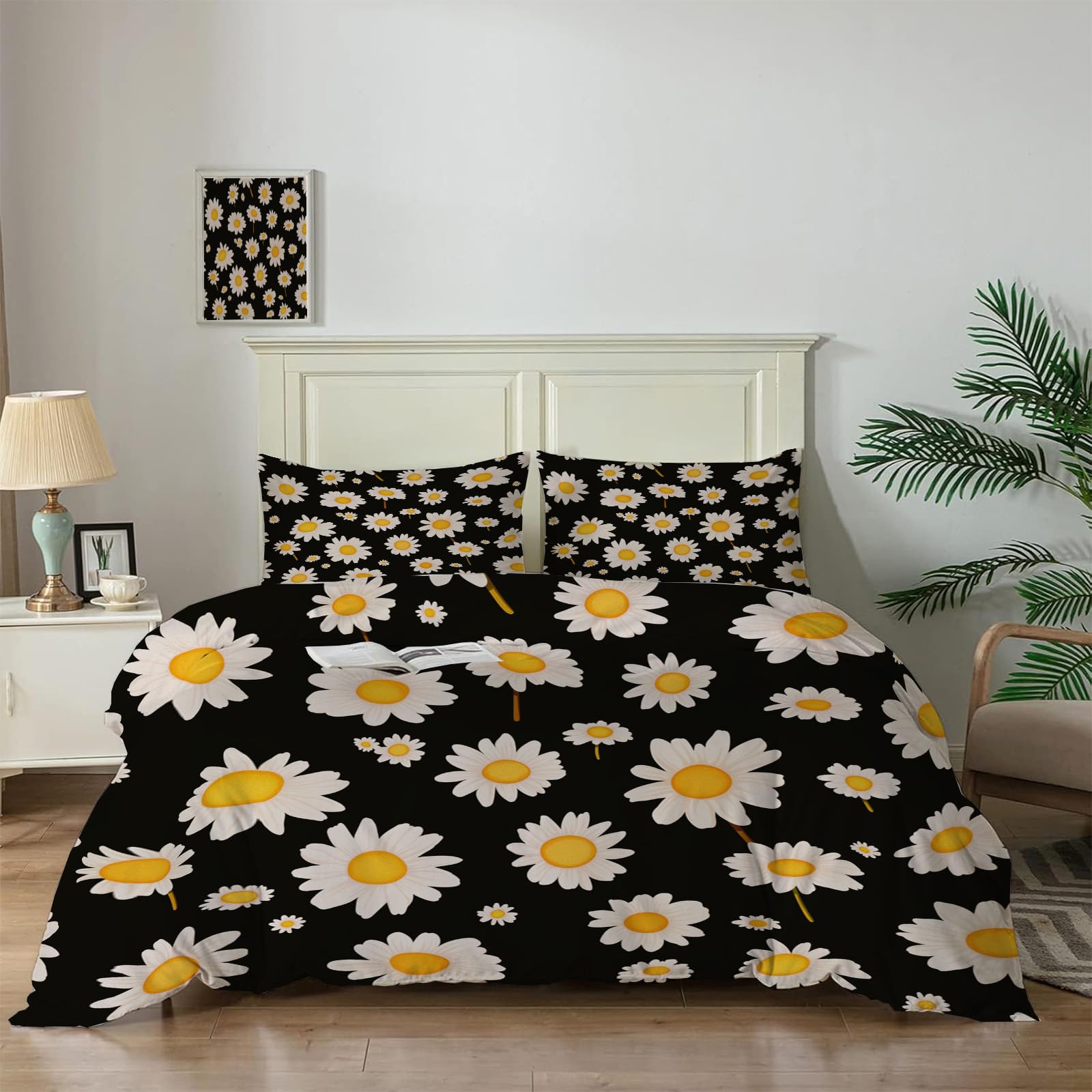 Housse de couette marguerites noires anti-plis, parure de literie 3 pièces douce et facile à laver