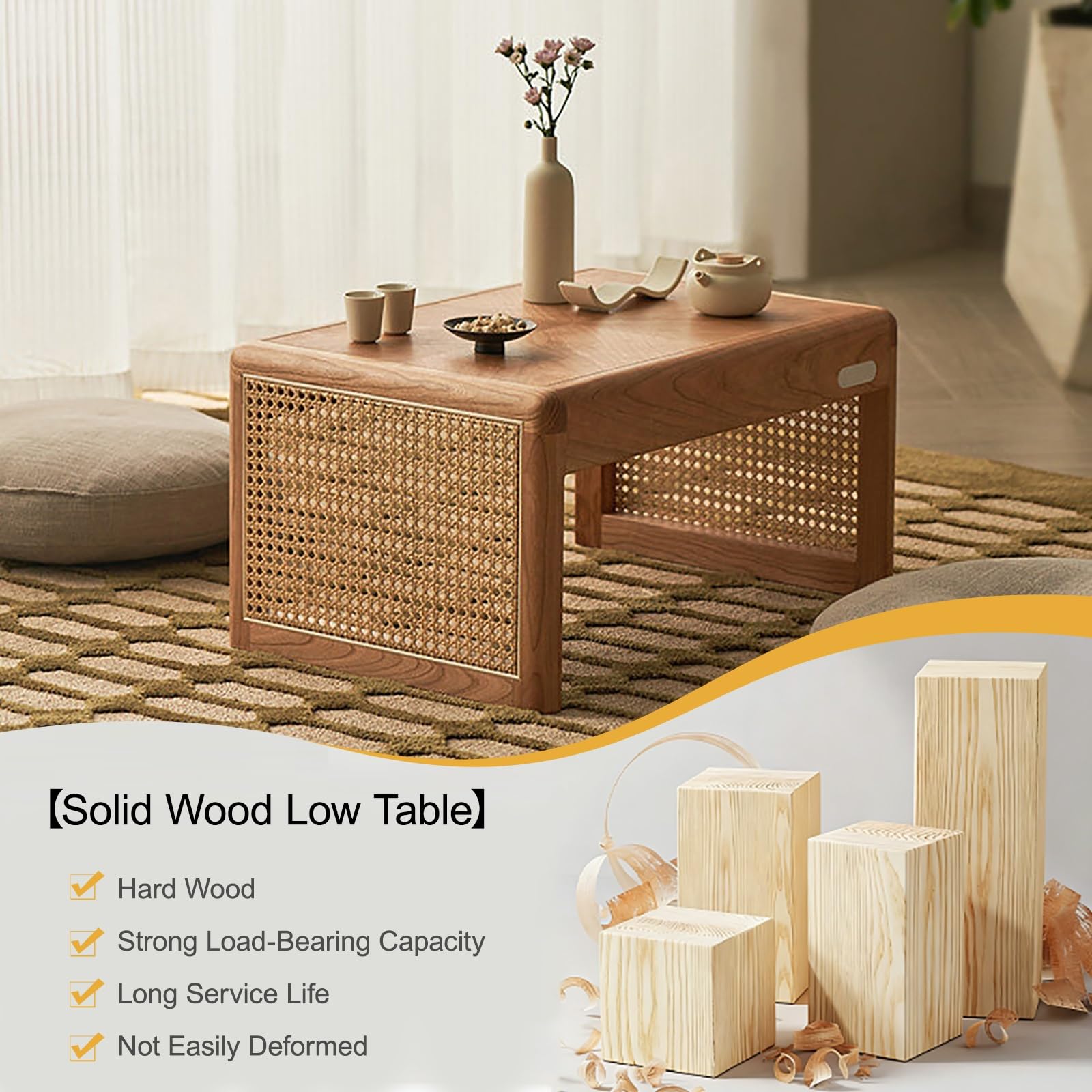 Tavolino da caffè in rattan intrecciato, tavolo basso in legno massello per tè, tavolino vintage piccolo per tatami, camera da letto, finestra a golfo, sala da tè