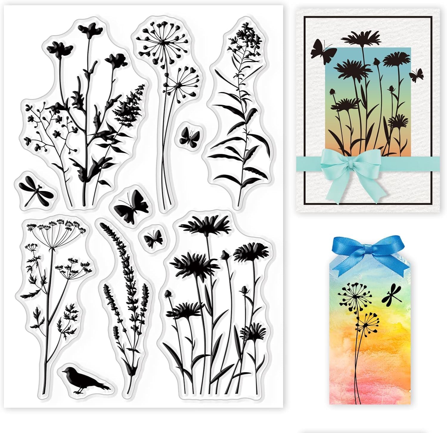 GLOBLELAND Plant Silhouette Silicone Clear Stamp Flowers Leaves Transparent Silicone Stamps Daisy Lavender Wildflower Transparent Stamp for Scrapbook Journal Card Making