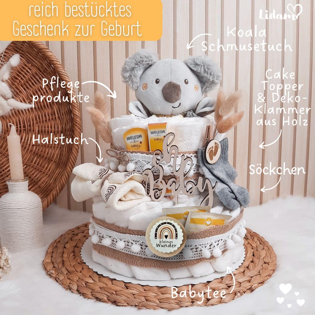 Torta di pannolini stile boho vintage | regalo per la nascita | Made in Germany | con panno per la cura di alta qualità, tè per neonati, calzini, panno e bellissimi accessori | regalo per bambini