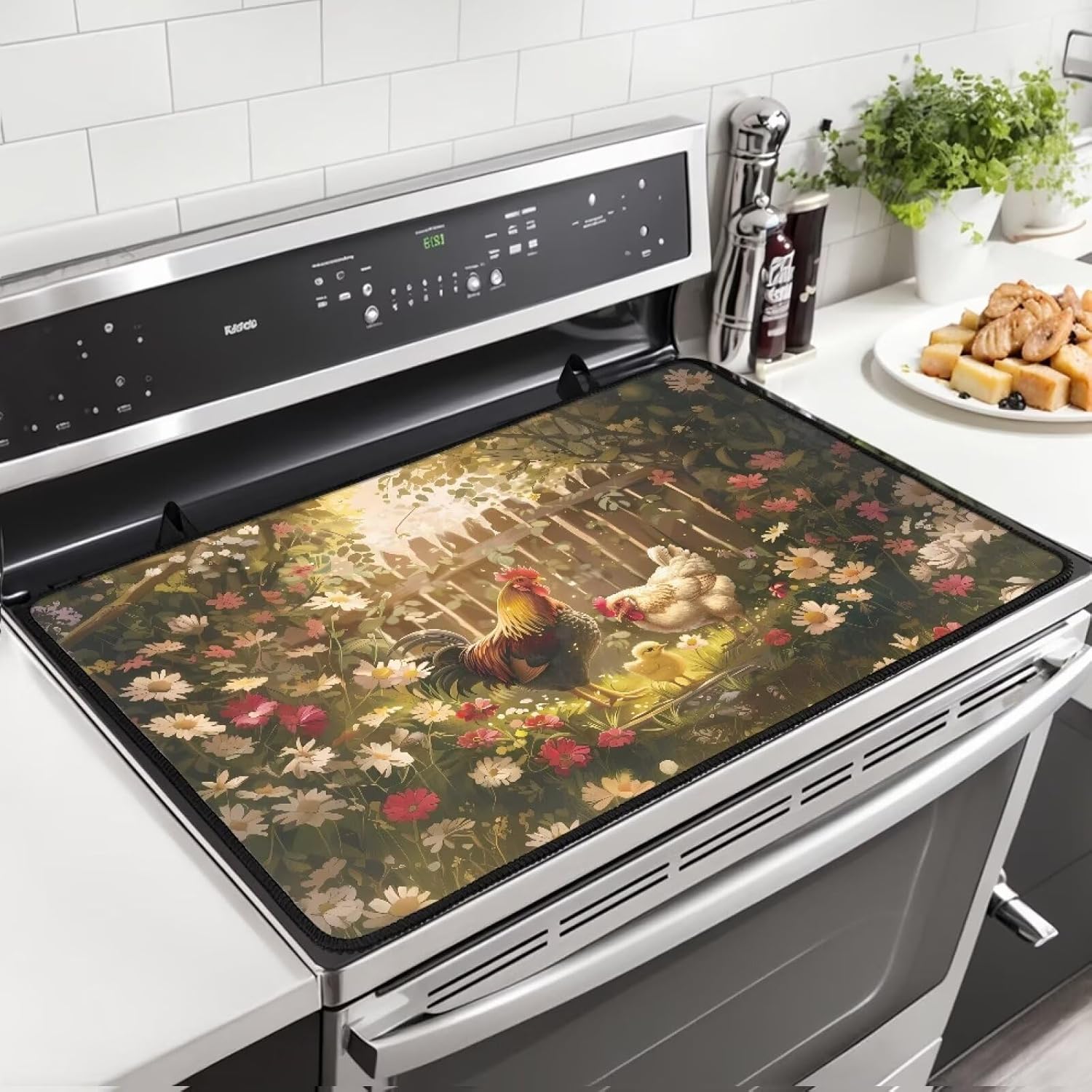 Stove Top Cover for Electric Stove, Chickens Silicone Stove Mat for Glass Top Stove, 20.96 x 29.18 Inch Glass Cooktop Protector Dish Drying Mats Range Covers for Electric Stove