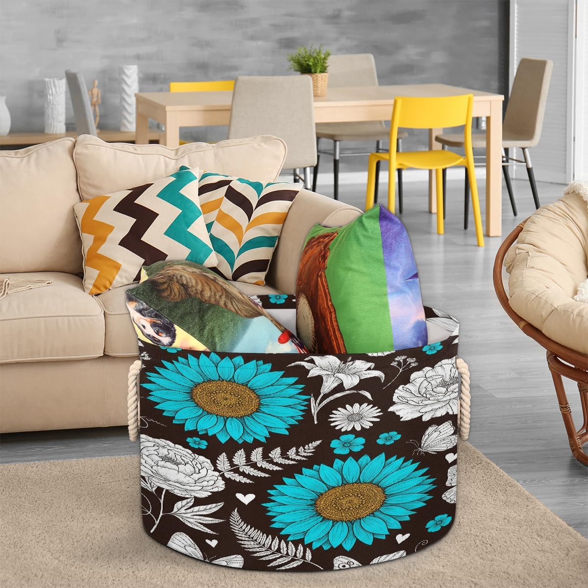 Large Storage Baskets - Rose Daisy Nursery Round Collapsible Organizer Bin Box, Laundry Hamper for Kids Toys, Blanket, Bedroom Living Room Home Decor, Gift Basket, 19.4"x13.3"