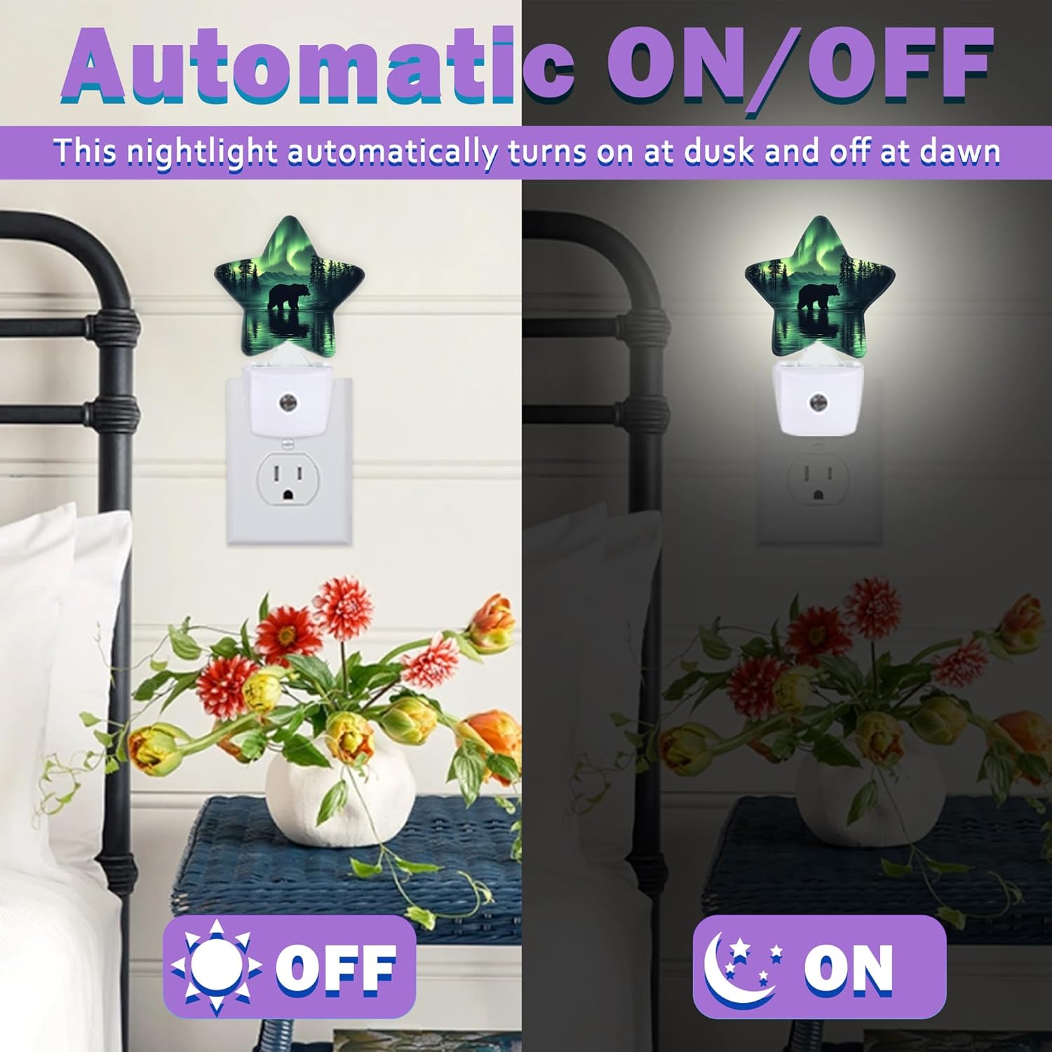Forest Bear Night Lights Plug Into Wall Decorative,Green Polar Lights Sleep Friendly Lamp, Energy Efficient Dusk-to-Dawn Sensor Nightlights for Kid Bedroom Nursery Bathroom