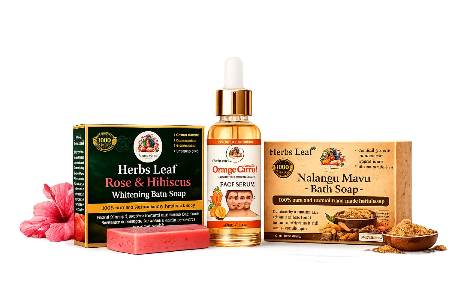 Herbs Leaf Daily Glow Combo | Nalangu Maavu Soap + Vitamin C Face Serum 30ml + Rose & Hibiscus Soap | Herbal Skin Brightening & Nourishing Care Kit | Pack of 3-image-13
