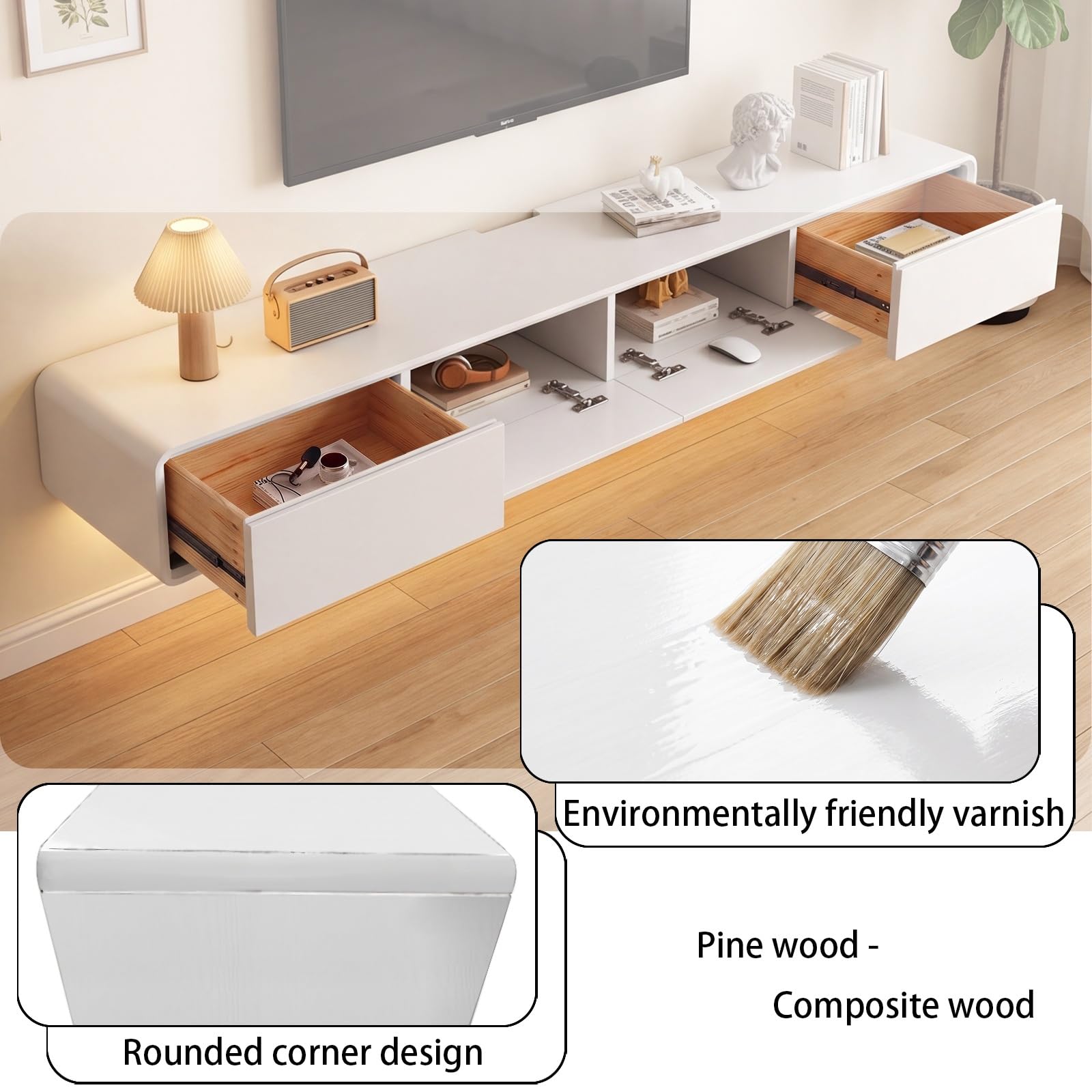 Mueble de TV de Madera Maciza,Mueble de TV Flotante, Mueble Bajo de Pared para TV, Adecuado para el Salón y el Dormitorio,Blanco 240CM-LED