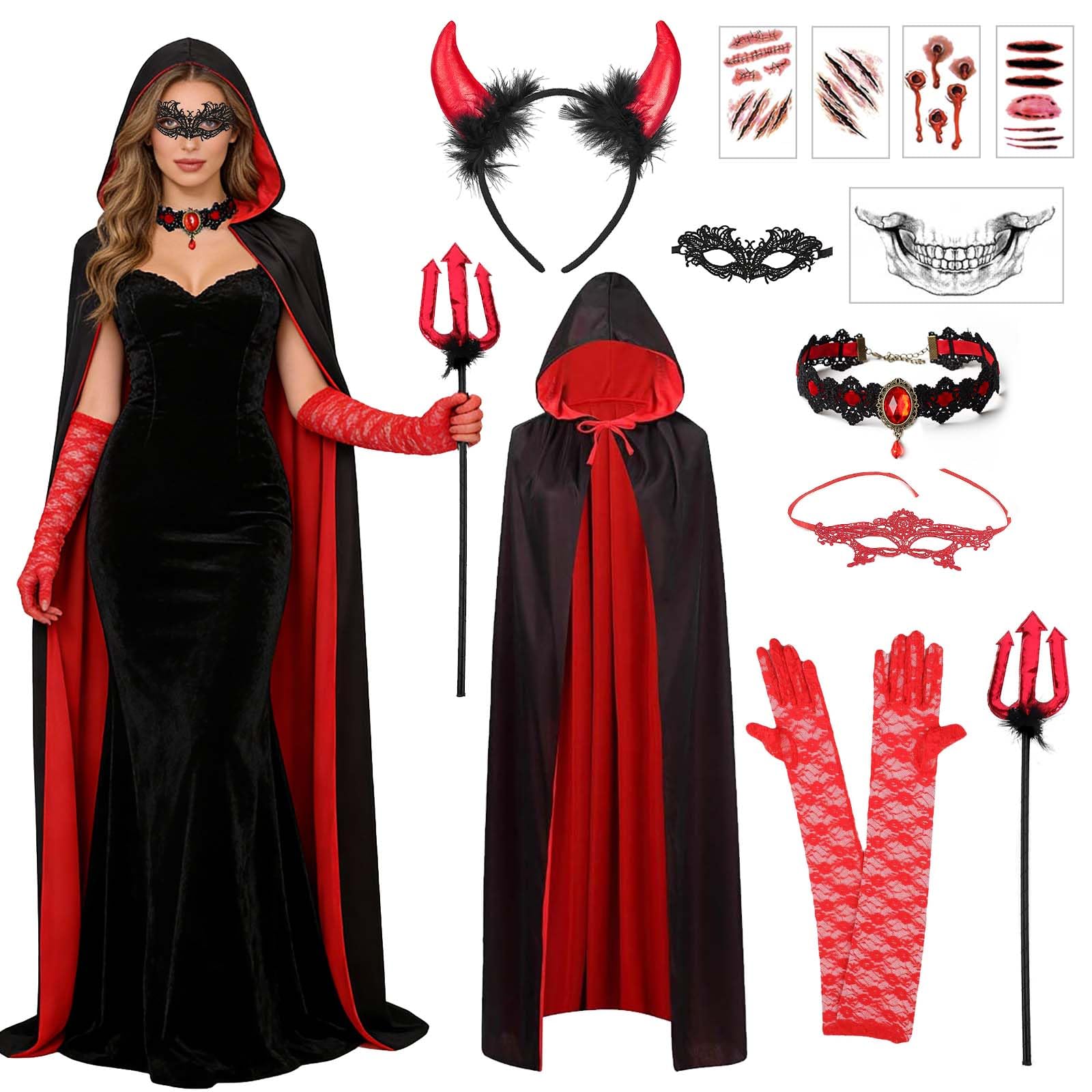 Disfraz Halloween Vampiro con Capa para Mujer Adulta — Negro y Rojo
