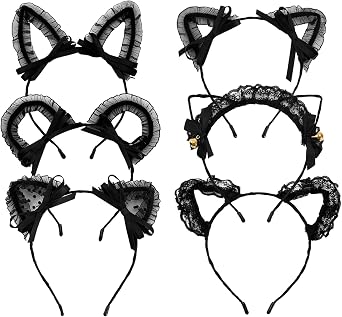 6 Pcs Lace Cat Ears Headbands, Black Lace Headwear Hair Band Party Decoration Cosplay for Women