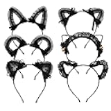 KIUSOWAYD 6 Pcs Lace Cat Ears Headbands, Black Lace Headwear Hair Band Party Decoration Cosplay for Women