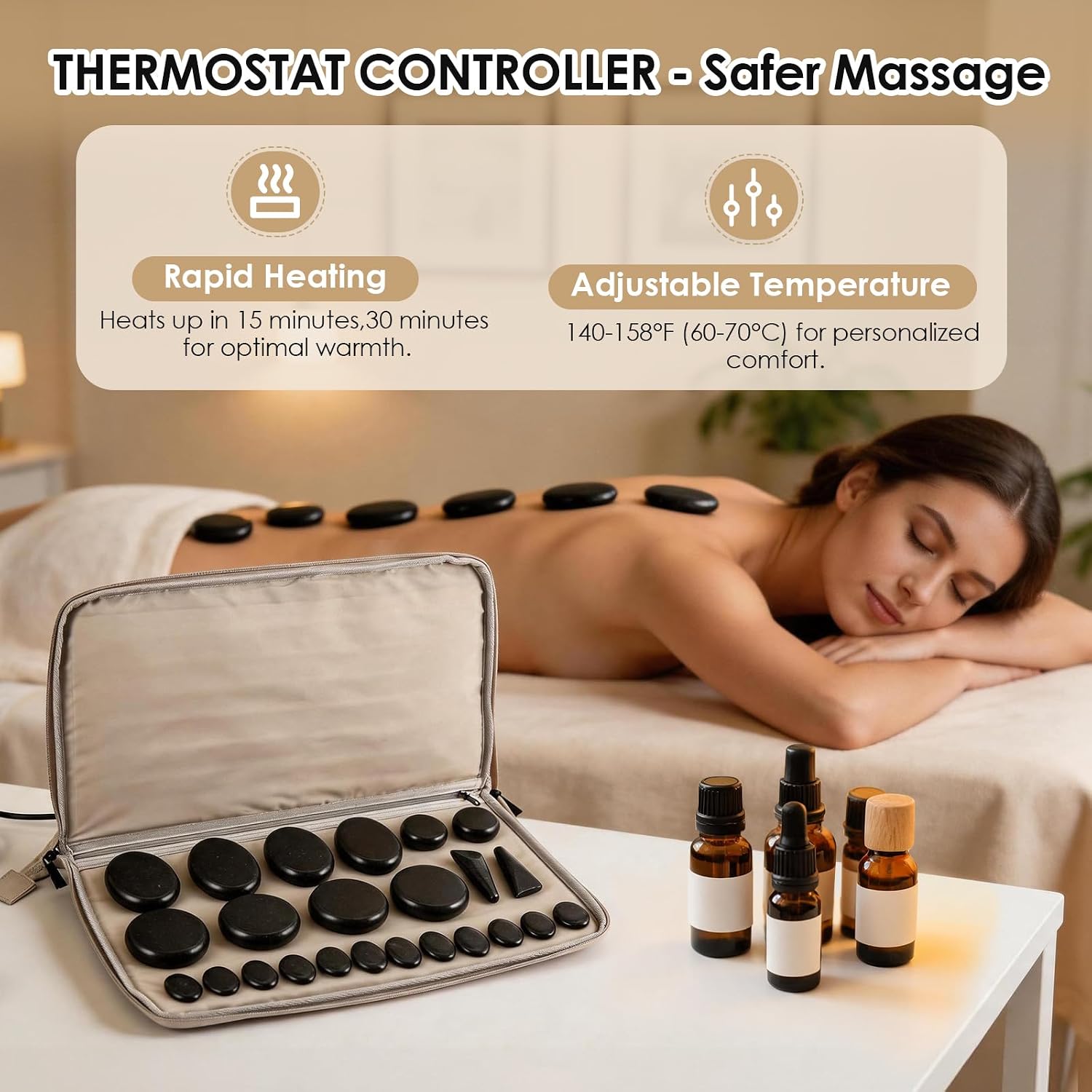 24Pieces Massage Stones Set with Warmer Kit Hot Rocks Bamboo for Massage,Hot Stones Massage Warmer Kit