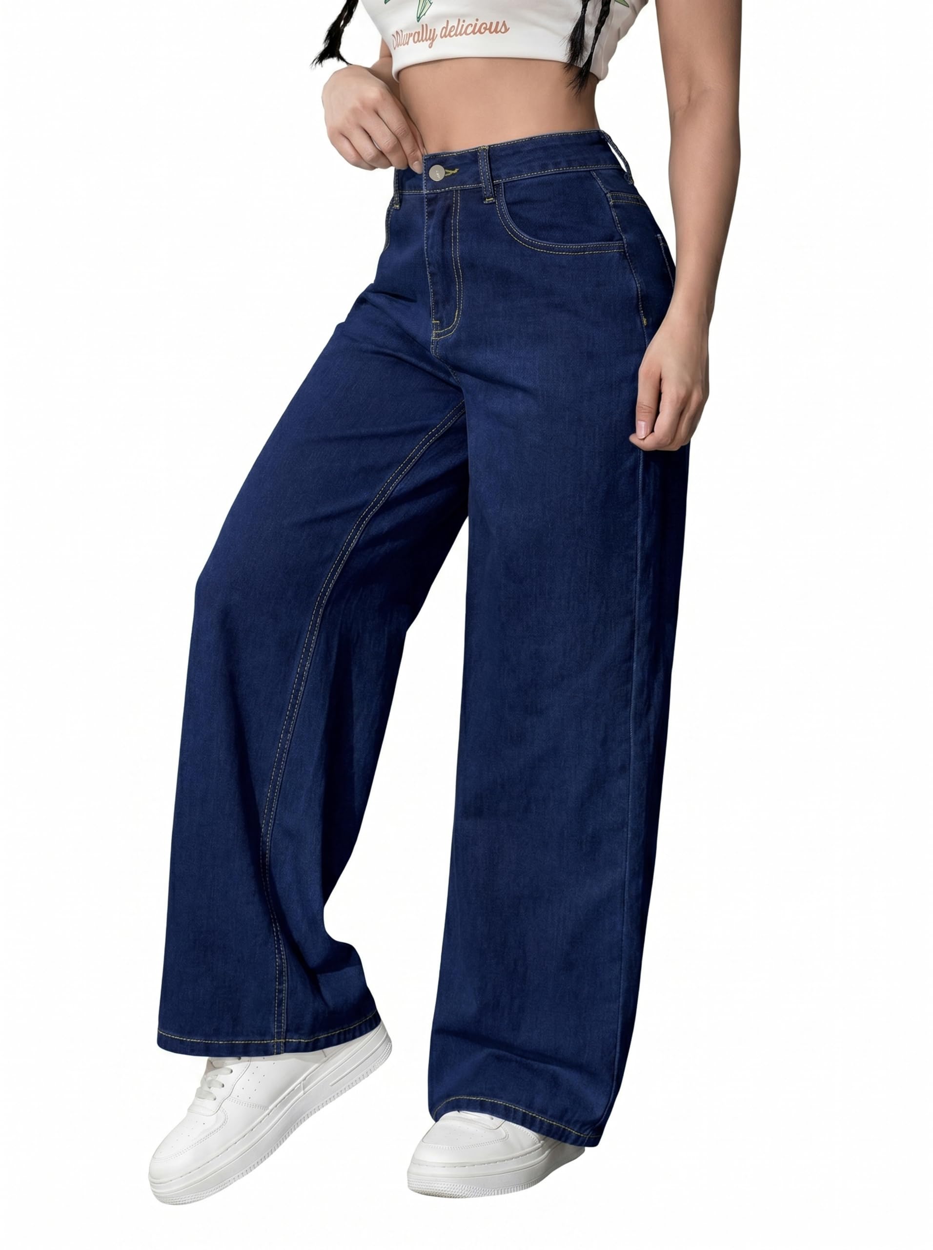 Women's Wide Leg Jeans, strecheble, Dark Blue Washed Denim, High Rise, Relaxed Baggy Fit, Casual Streetwear, High Waist, Dark Blue, Casual Straight Trousers with Pockets-picture-26