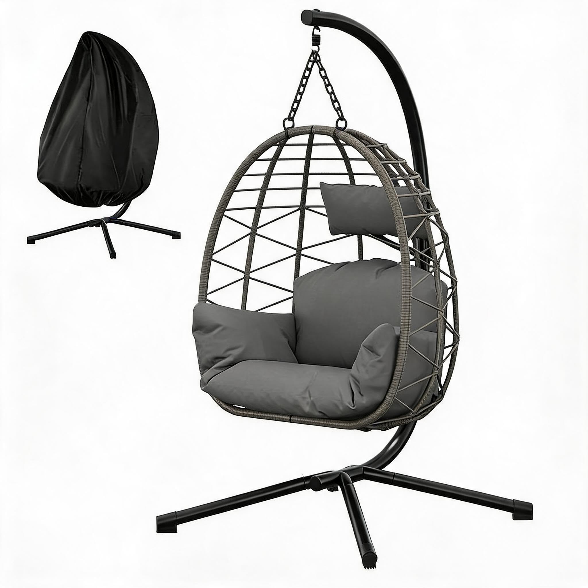 Fauteuil œuf Suspendu en rotin avec Support – Dossier réglable, Structure Acier Robuste, Coussins imperméables lavables, Housse Pluie Noire – pour Jardin, terrasse, Balcon, intérieur – Capacité 150kg