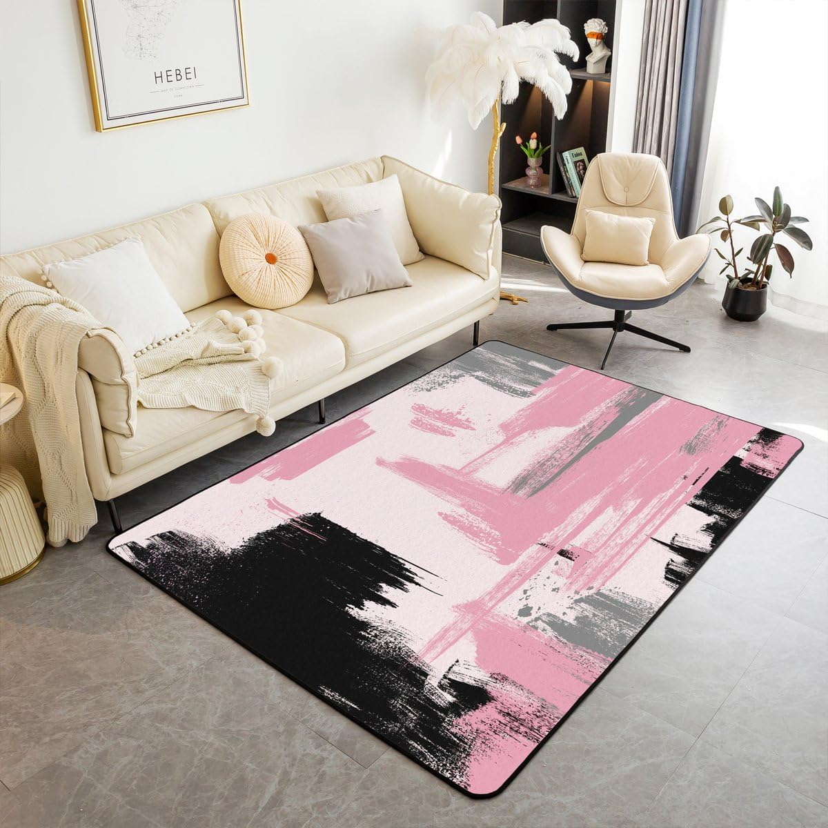 Erosebridal Pink and Black Abstract Area Rug 4'11" x 3'3" |Black and Pink Carpet for Kids Girls Women Geometric Modern Art Indoor Floor Mat for Boys Teens Adults Girly Fashion Decorative Washable Rug
