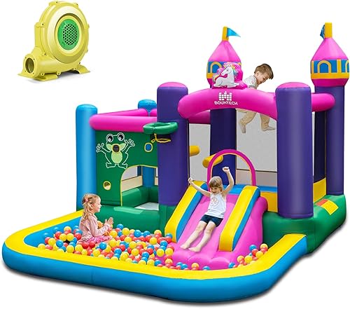 BOUNTECH Casa inflable de rebote, casa inflable gigante para fiestas en interiores y exteriores con pozo de bolas, casa de princesa con soplador