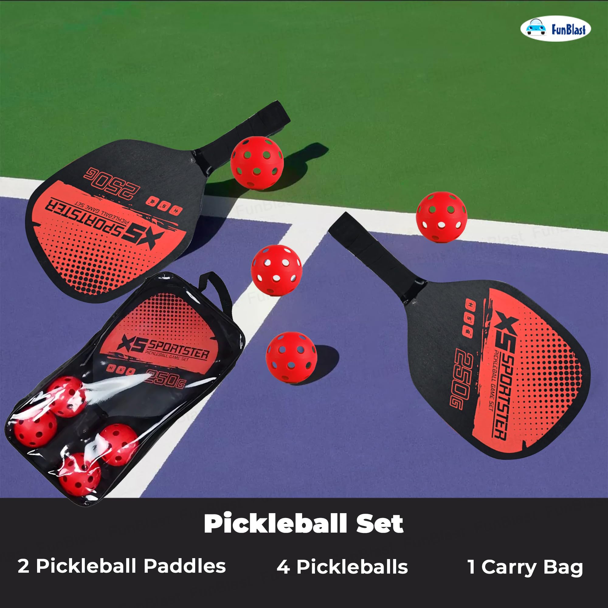 FunBlast Pickle Ball Racket Set - 2 Premium Wood Rackets with 4 Balls & Portable Carry Bag, Ideal for Kids, Men & Women - Durable & Lightweight, Outdoor Activities (Red) 2
