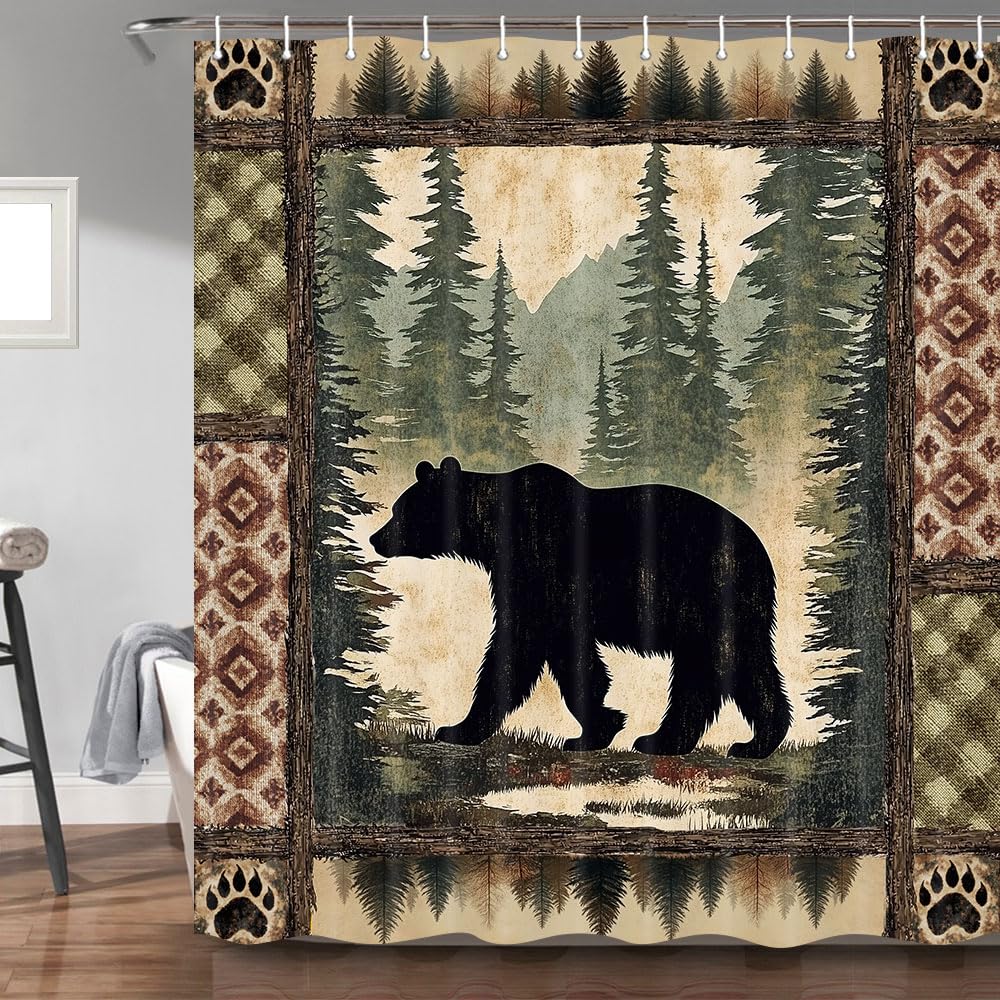 Uokiuki Cabin Bear Shower Curtain, Rustic Deer Hunting Decor Bath Curtains, Farmhouse Country Wooden Camping Forest Waterproof Fabric Bathroom