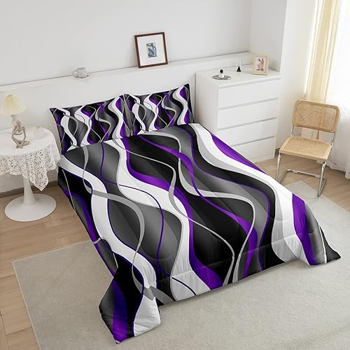 Miniatura 3 de Manfei Juego de edredón geométrico moderno tamaño King, juego de ropa de cama morado y gris, 3 piezas para niños, adolescentes, decoración de