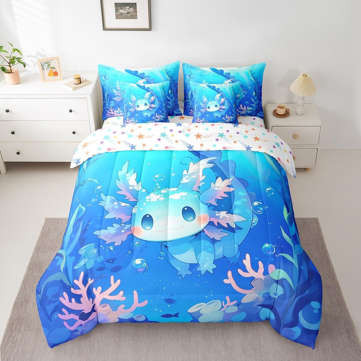 Erosebridal Axolotl Bedding Set 7 Pieces Bed in A Bag Full Size,Cute Animal Salamander Comforter for Kids Boys Girls Teens Blue Ocean Sealife Sheet Set Kawaii Sea Creature Flat Sheet