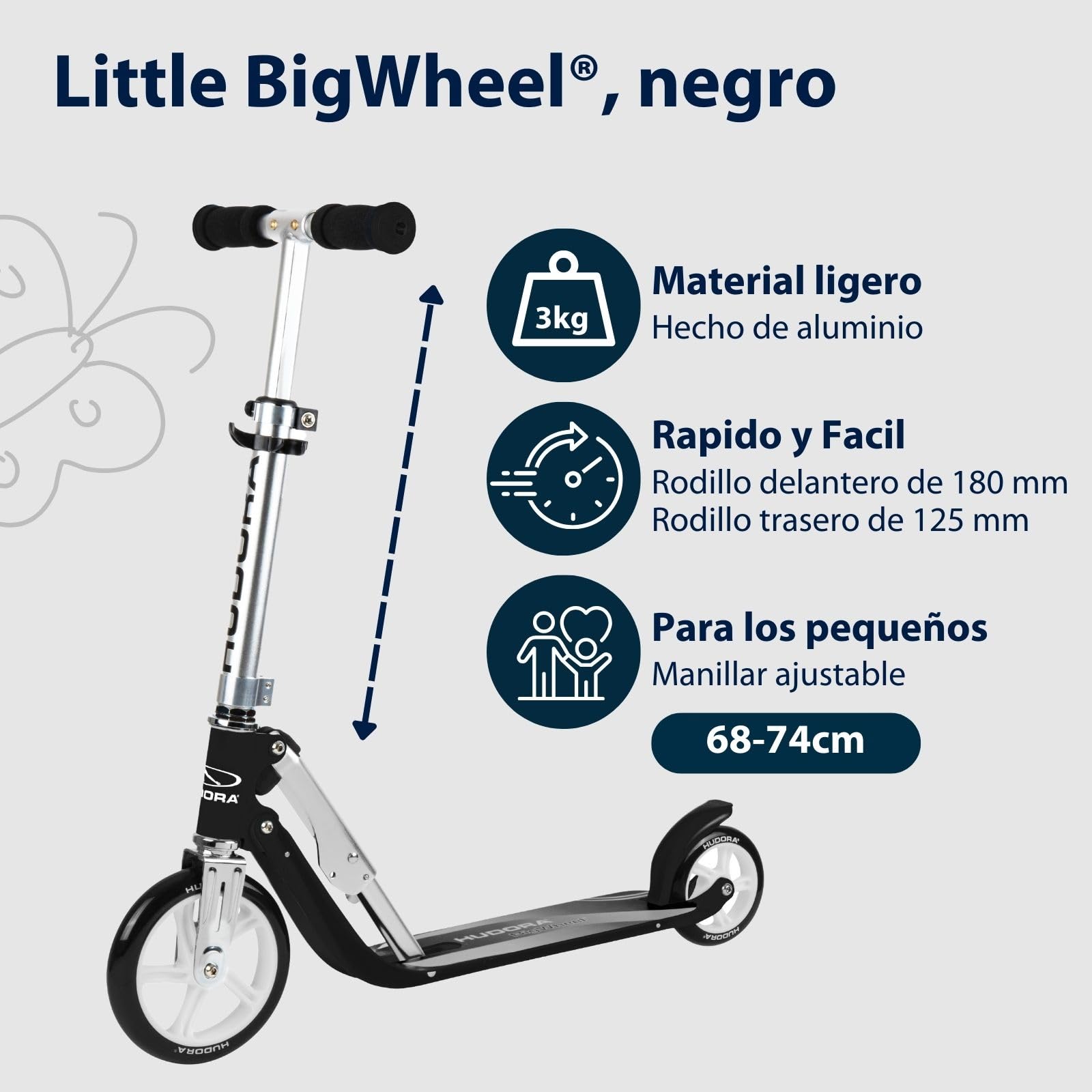 HUDORA Little BigWheel Scooter - Safe aluminium scooter for children from the age of 3 - Height-adjustable & foldable city scooter for up to 100kg - Stable scooter with large tyres