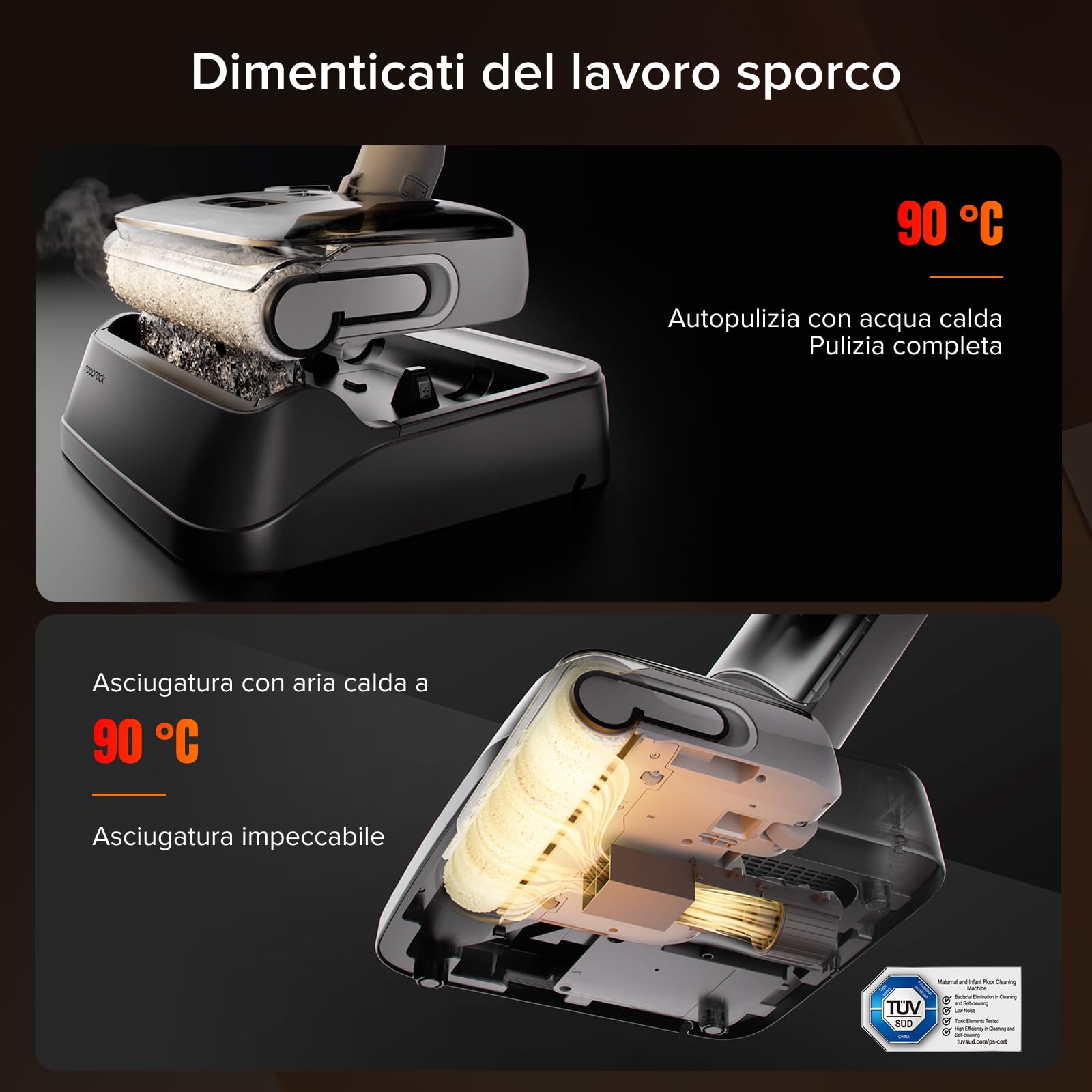 roborock F25 GT Aspirapolvere e Lavapavimenti Senza Filo con Lavaggio a 90°C, Auto-Pulizia e Asciugatura Automatica, Doppia Spazzola Rotante, Design Ultra-Piatto (180°), 20 kPa Aspirazione, Leggero