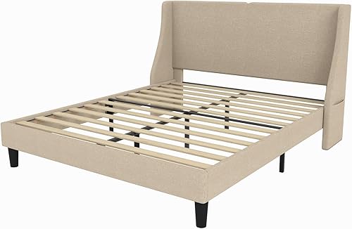 Miniatura 14 de VECELO Base de cama matrimonial con cabecera tapizada con respaldo alado, plataforma resistente con estación de carga y bolsillos laterales, no