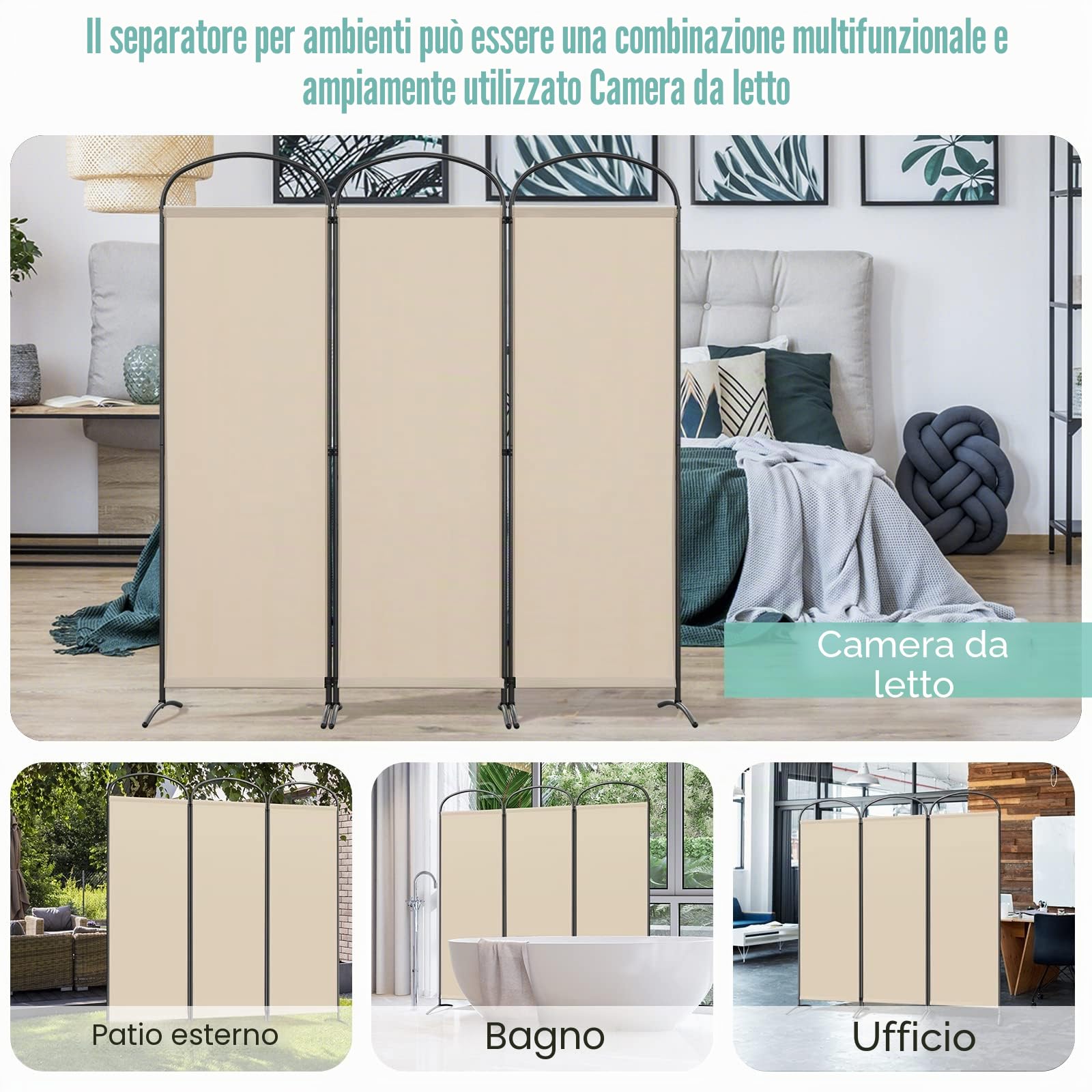 Angel Living Paraventi Divisorio 3 Pannelli con Soffitto e Base Curvo, Decorazione Elegante, Divisorio Pieghevole (168.5 x 185 cm, Beige)