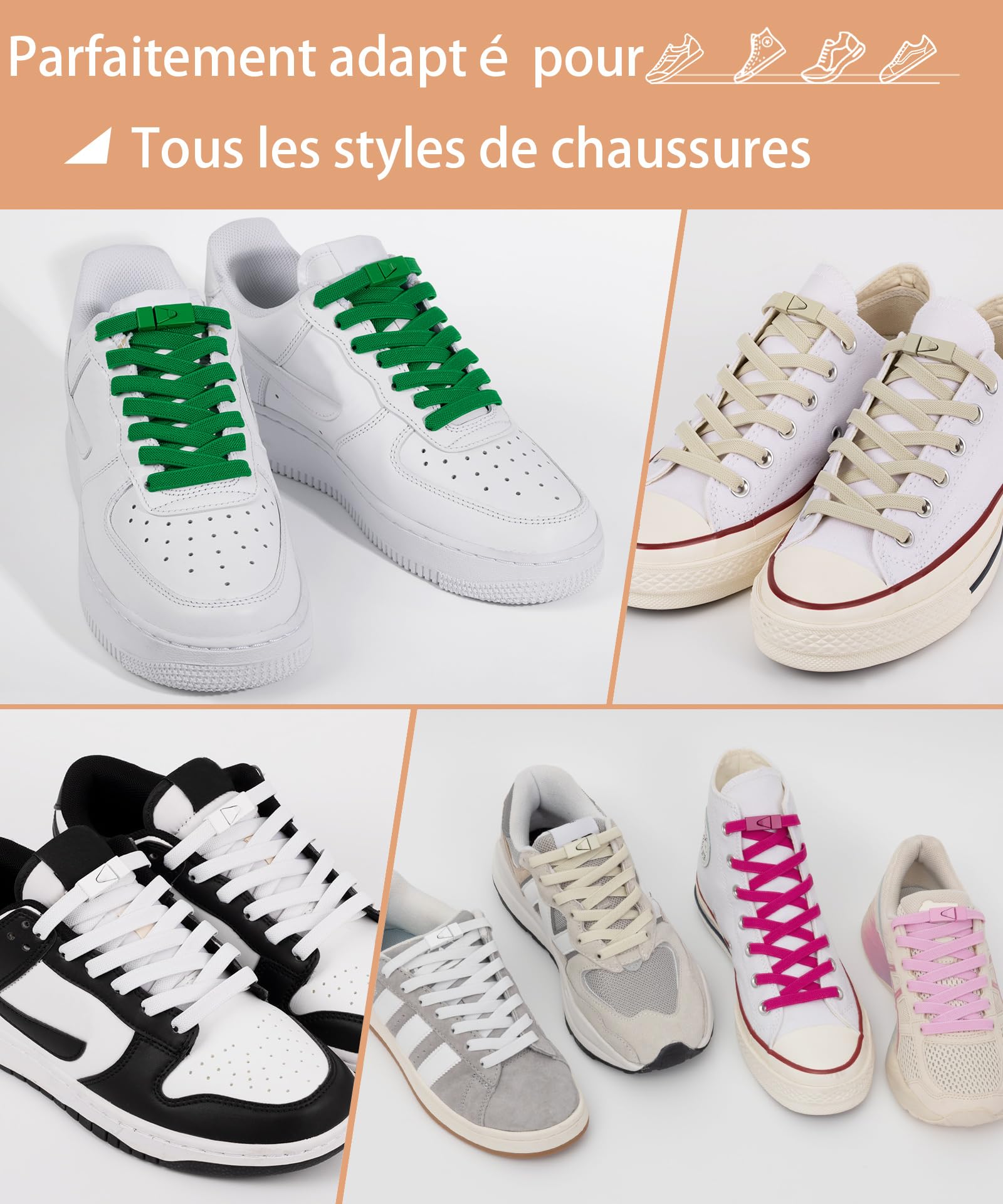Lacets Élastiques 8mm Sans Laçage Stepace 2 Paires Enfants Adultes