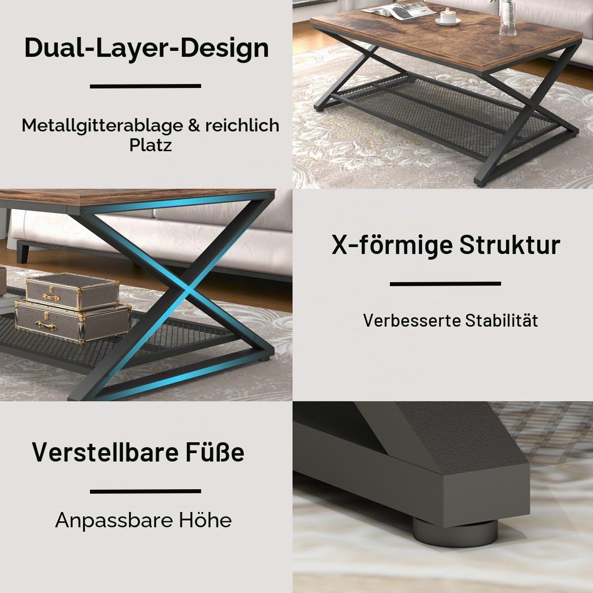 LVB Couchtisch Rechteckig mit Stauraum Wohnzimmer Möbel Wohnzimmertisch mit Stauraum Sofatisch Beistelltisch aus Holz Metall 100x60x45 cm