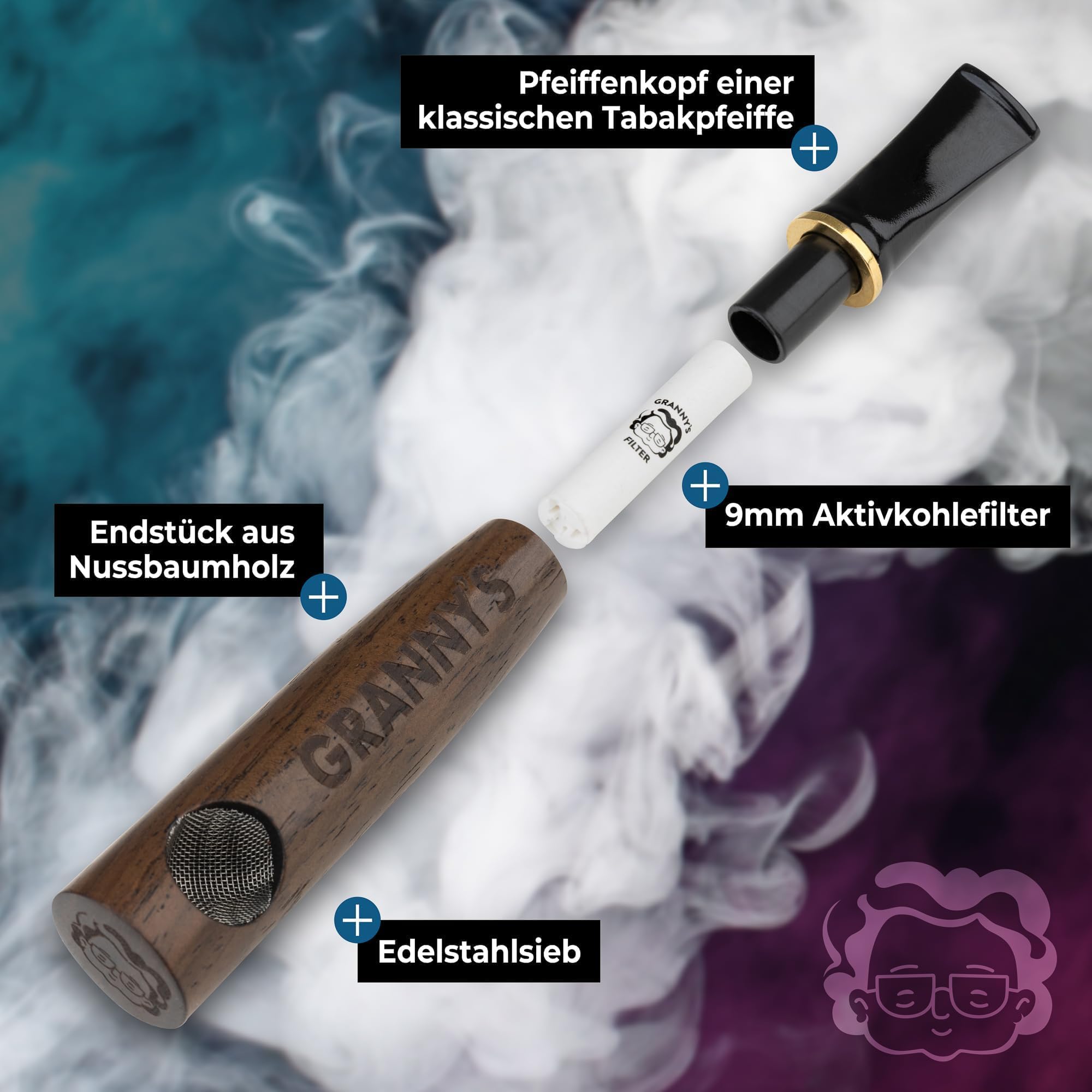 Granny's Premium Holzpfeife aus Nussbaum | 9 mm Filtereinsatz | Handgefertigt | Schmales Mundstück | Geschenkbox | inkl. 6 Aktivkohlefilter