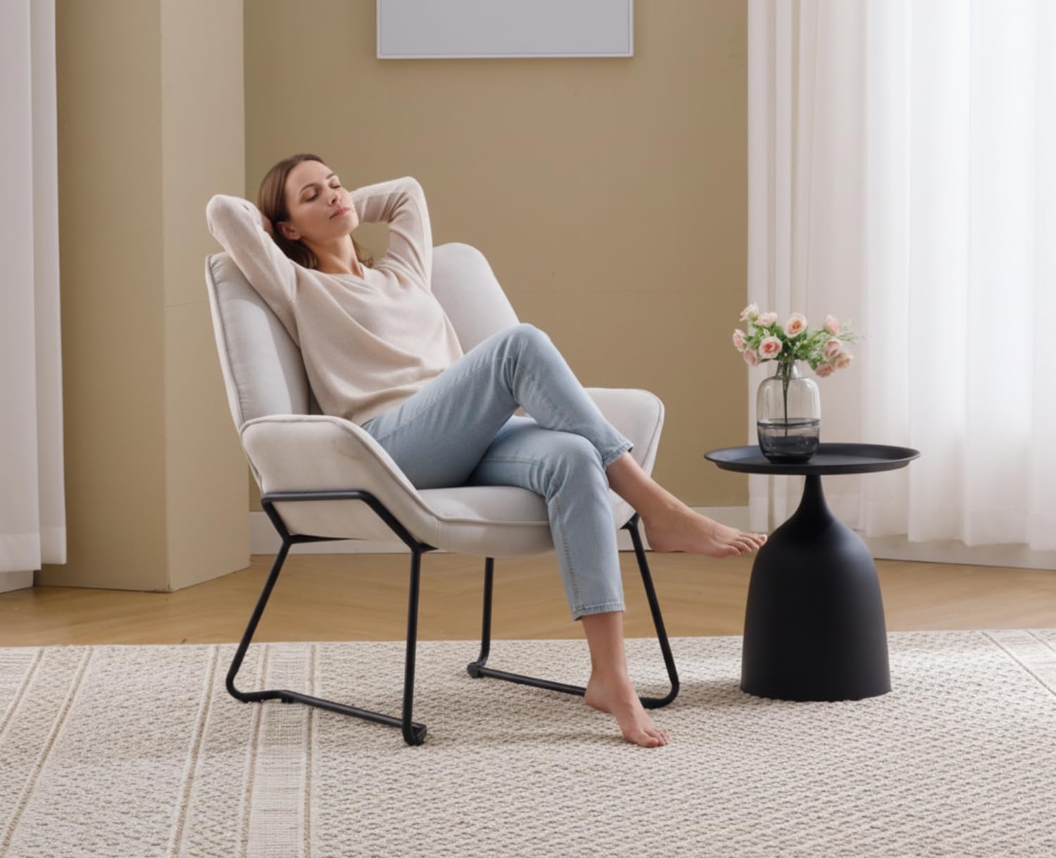 Ya-Home Sessel Wohnzimmer Loungesessel modern Lesesessel gepolstert Ohrensessel mit Metallbeinen für Schlafzimmer/Wohnzimmer, Leinen, Beige
