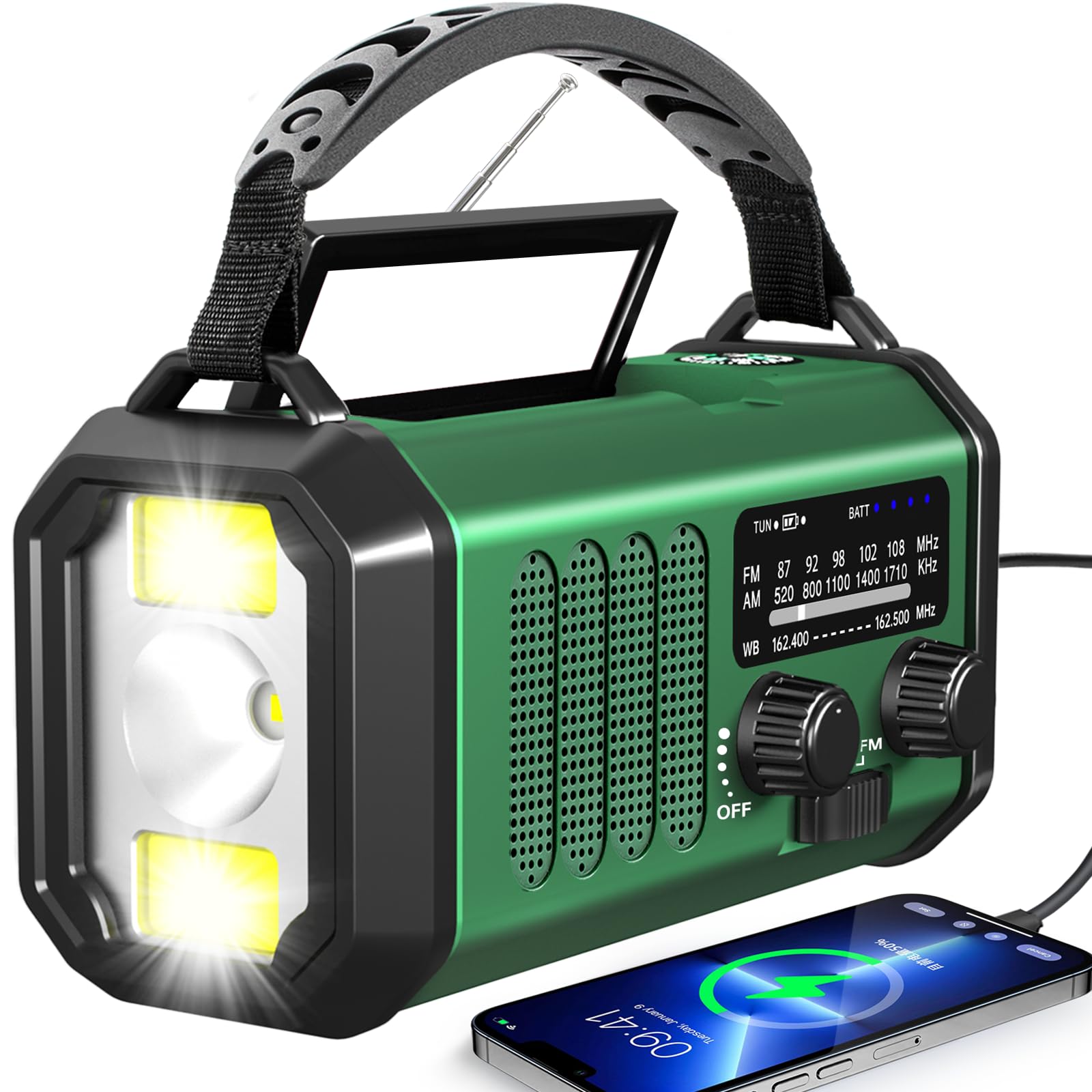 Radio d'urgence à manivelle solaire, radio météo AM/FM/NOAA intégrée 20 000 mAh, chargeur de type C, lampe de poche, lampe de lecture, SOS, compacte et portable pour camping/situations