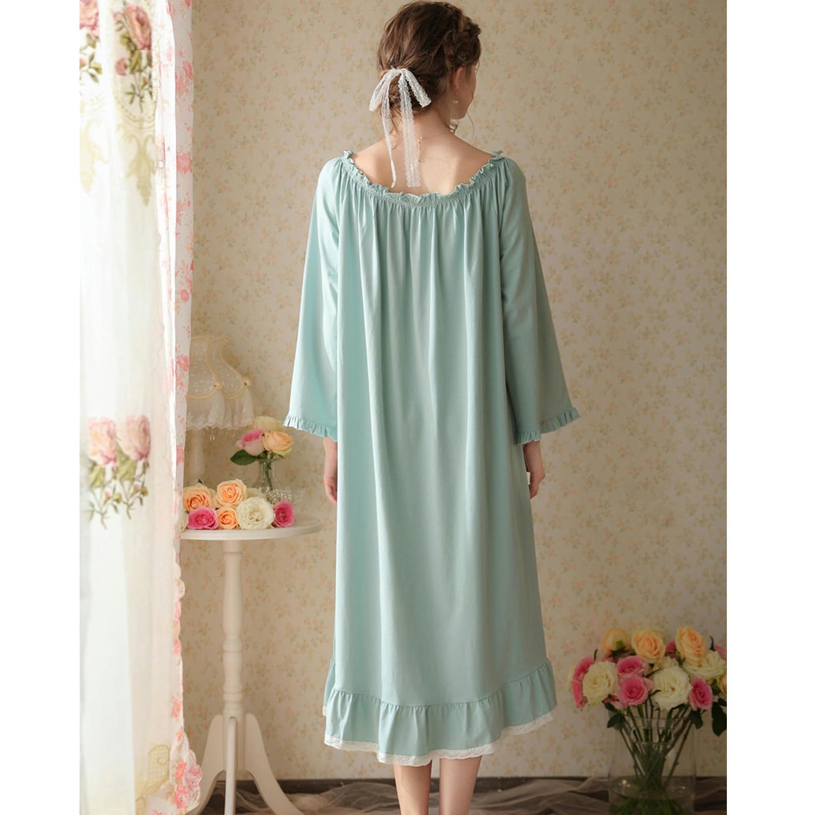 Camicia Notte Donna French Primavera E Autunno Long Cotton Pigia da Donna Maniche Lunghe da Donna Sottili Abiti da Casa di Grandi Dimensioni-Blu di Pavone-XL