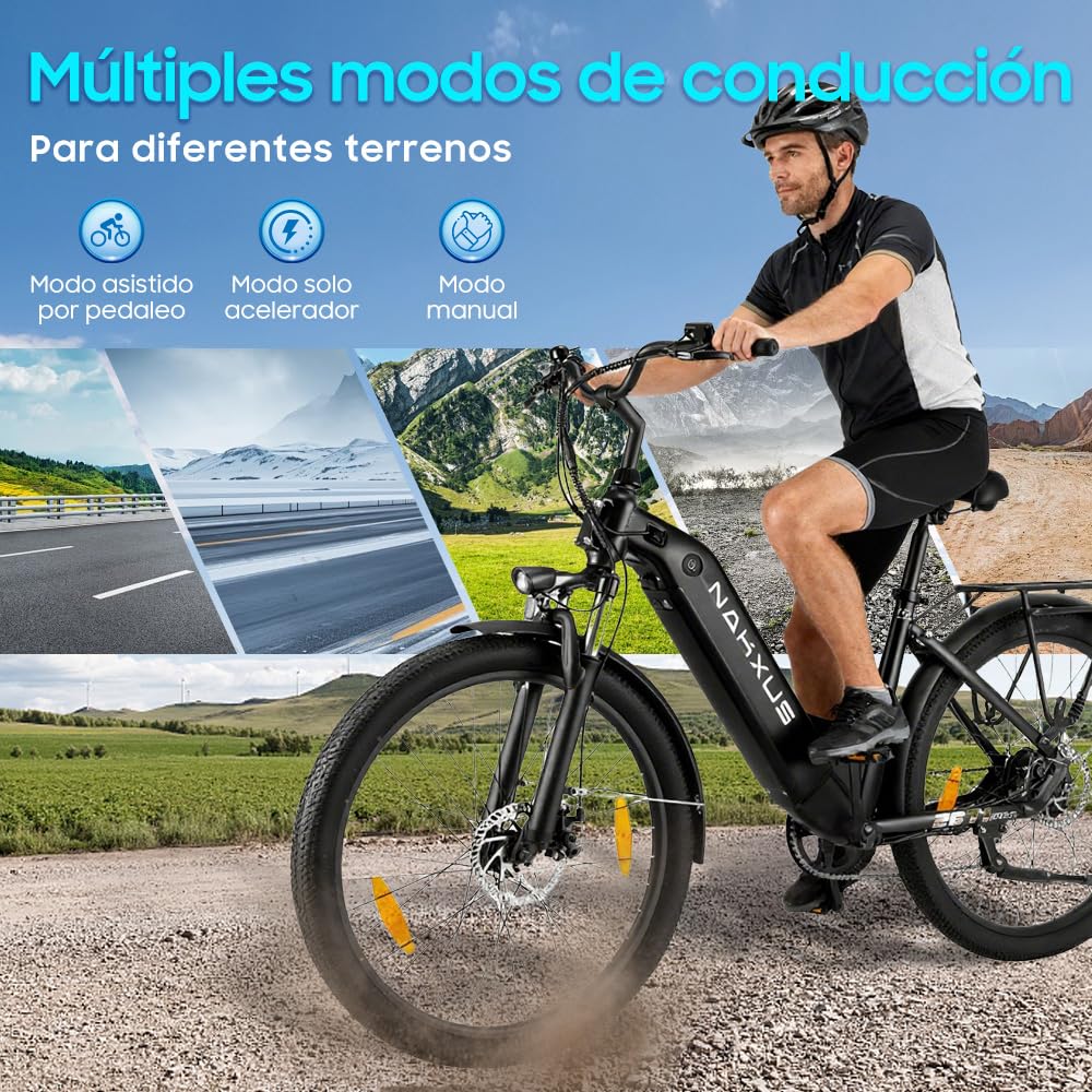 26T1 Bicicleta eléctrica de 26 pulgadas, batería extraíble de 36 V, 18,2 Ah, motor de 250 W, pantalla LCD, 7 velocidades, alcance 90-130 km, 25 km/h, IPX5 resistente al agua para adultos