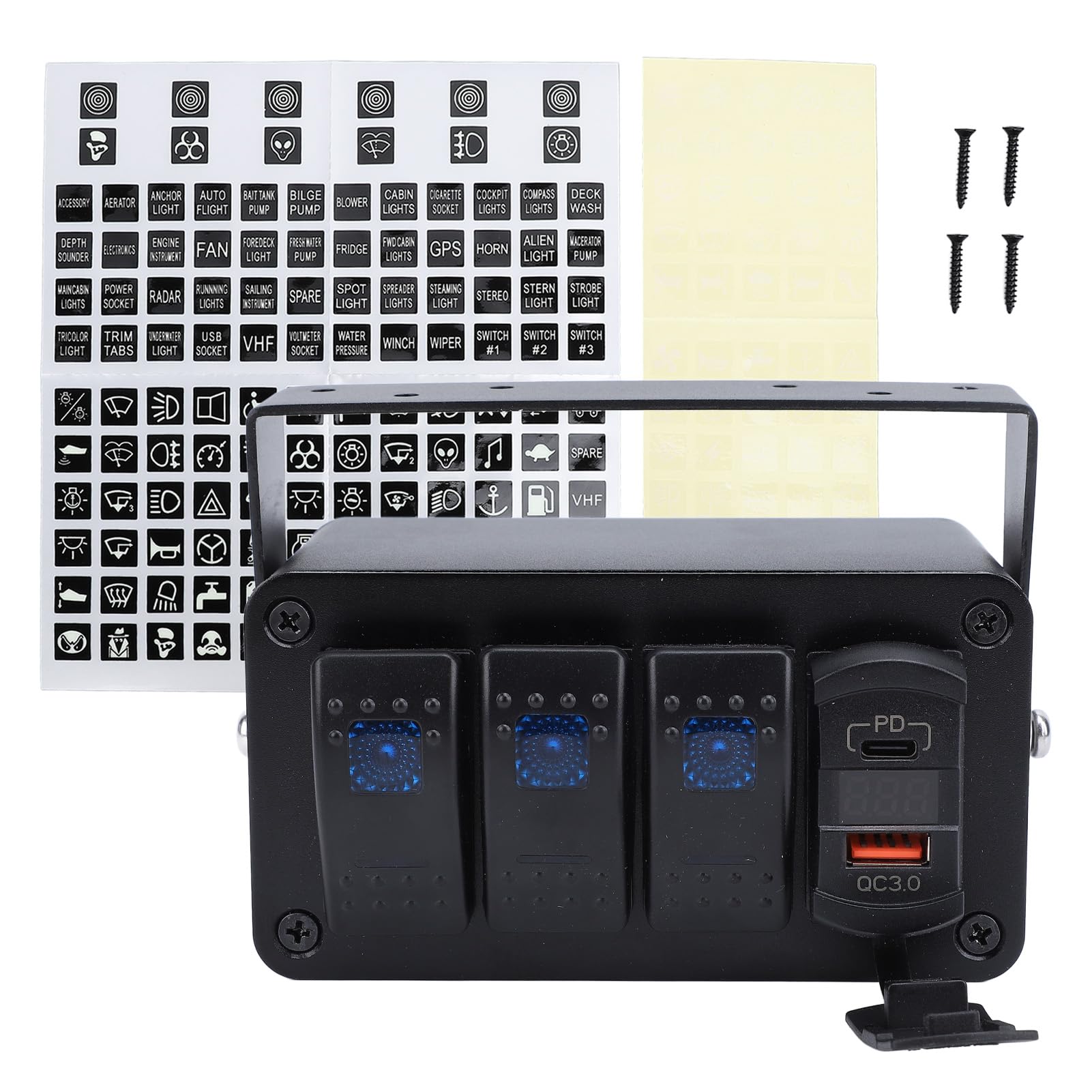 Dilwe Panel Przełączników Kołyskowych 3-krotny, Wodoodporny Panel Przełączników Kołyskowych ze Stopu Aluminium 12 V 24 V z Woltomierzem USB PD Typu C QC3.0, Wstępnie Okablowany 20 A WŁ. WYŁ. dla