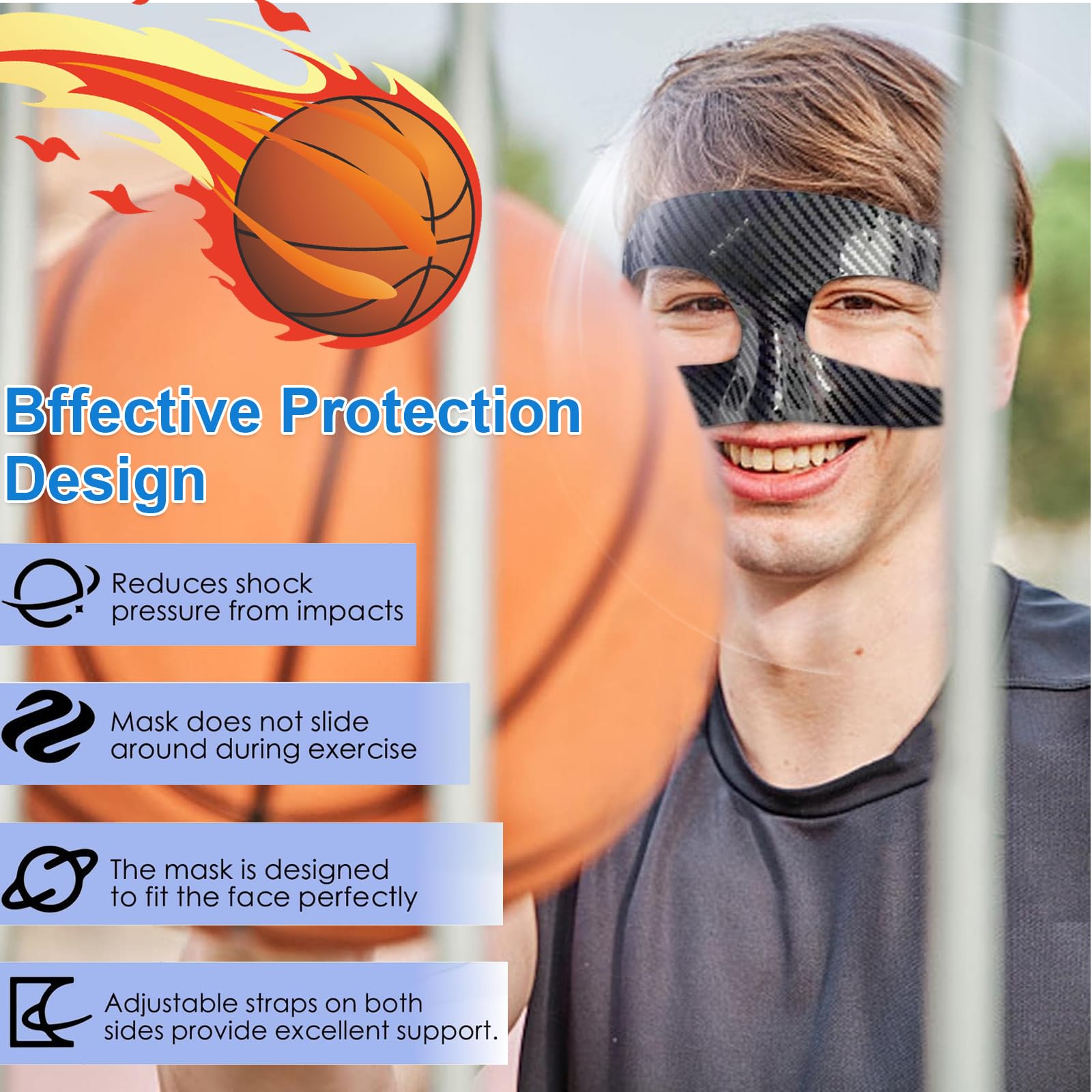 Pacco da 2 Maschere Protettive Nasali in Fibra di Carbonio per Sport Come Calcio, Basket e Softball – Regolabile, Protezione Efficace per Danza, Spettacoli e Attività di Bar, Motivo in Twill