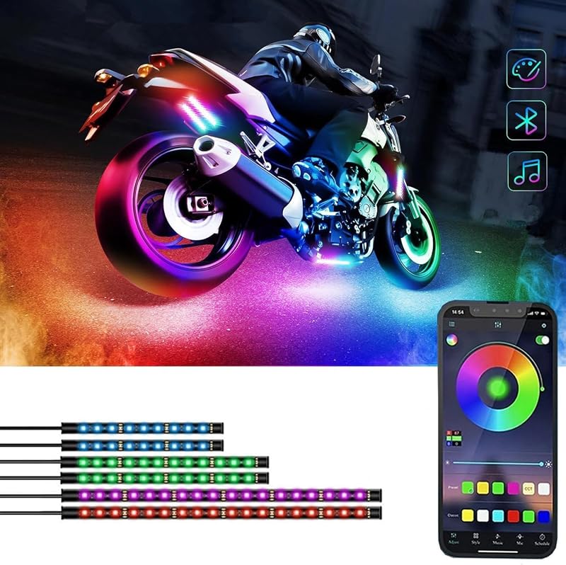 6 Pcs Motorcycle LED Light Kits, App Control Multicolor Waterproof Motorcycle LED Strip Lights, Music Sync & Multiple Scene Modes RGB LED Lights for Motorcycles, DC 12V