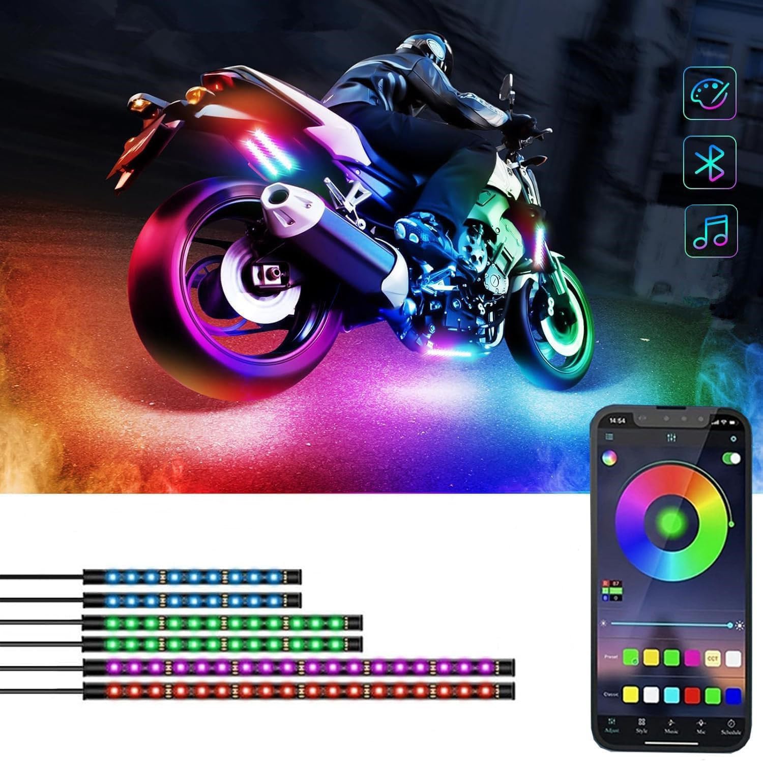 Sxlofty 6 Pcs Motorcycle LED Light Kits, App Control Multicolor Waterproof Motorcycle LED Strip Lights, Music Sync & Multiple Scene Modes RGB LED Lights for Motorcycles, DC 12V