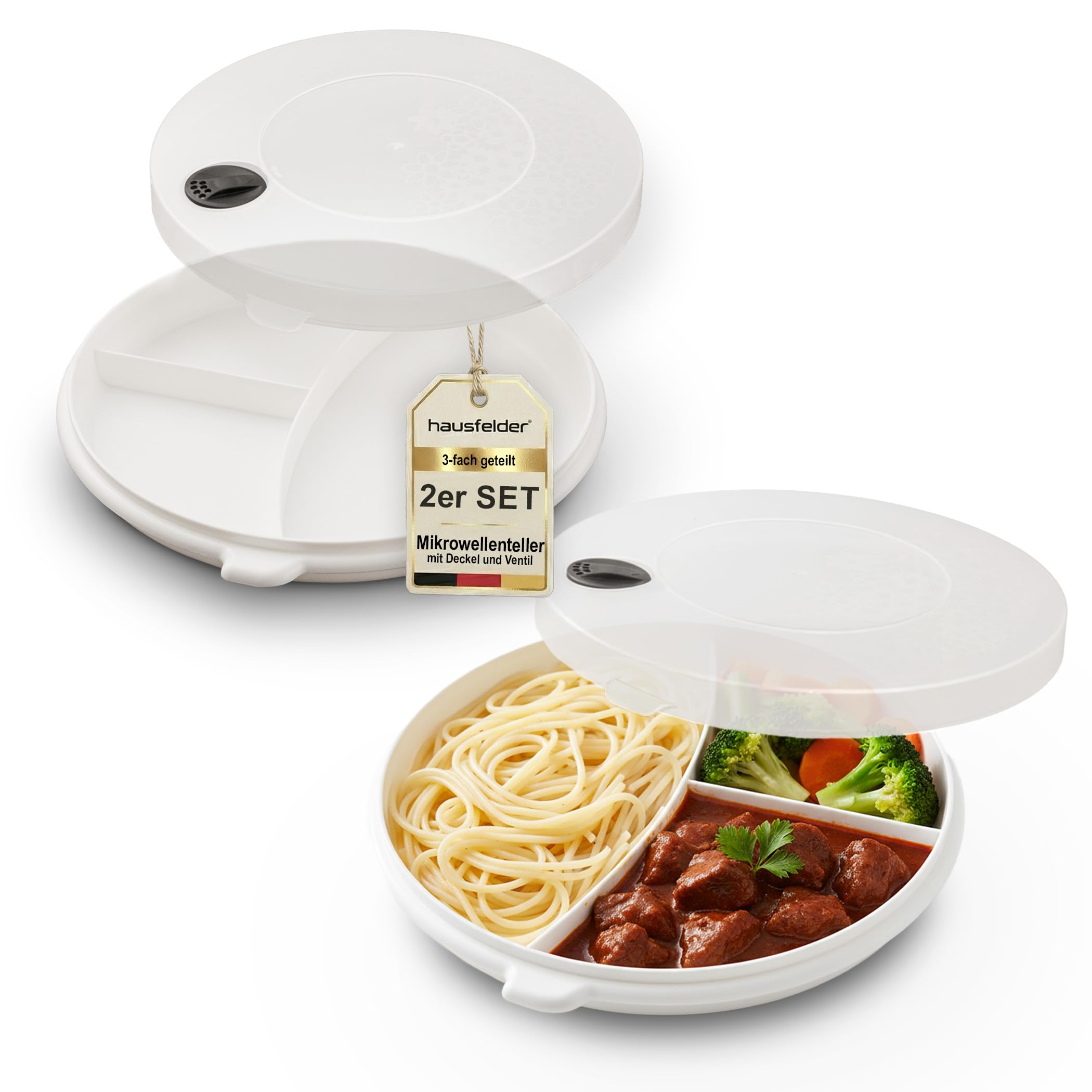 Hausfelder Mikrowellen Menuteller 2er Set, | spülmaschinen- und mikrowellengeeignet, stapelbar, Menüteller mit Unterteilung zum Aufwärmen und Warmhalten