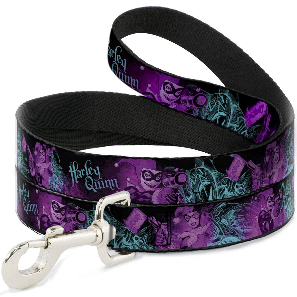 DC Comics Pet Leash, Dog Leash, Harley Quinn Pow Aiming Poses Joker Black Turquoise Fuchsia, 6 Feet Long 0.5 Inch Wide