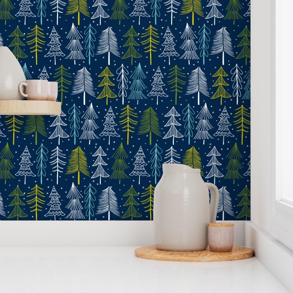 Spoonflower Removable Wallpaper 3ft x 2ft - Christmas Tree Navy Blue Regular Scale Holiday Winter Forest Snow Festive Trees Seasonal Nature Custom Pre-Pasted Wallpaper