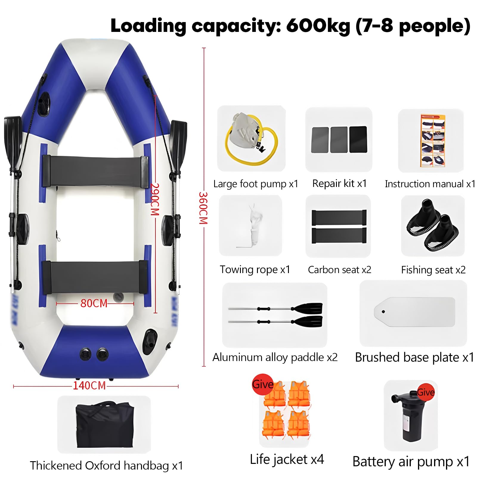 Kayak gonfiabile per 2-3 persone, canoa portatile resistente con capacità di carico di 600 kg, per campeggio, pesca, sport e avventure all'aria aperta