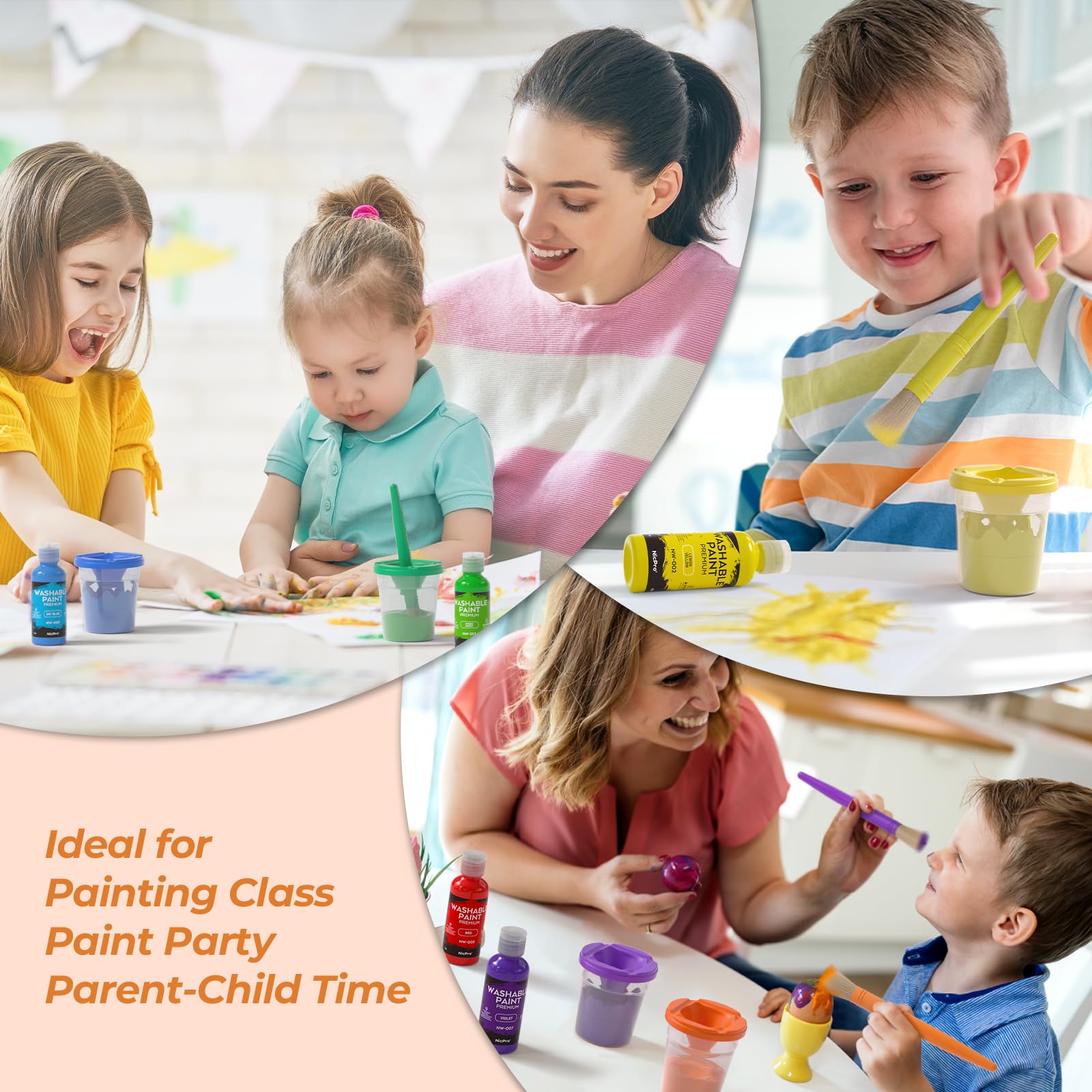 Nicpro Pintura lavable para niños, 14 colores, 250 ml, no tóxica, con pinceles, vasos y esponja