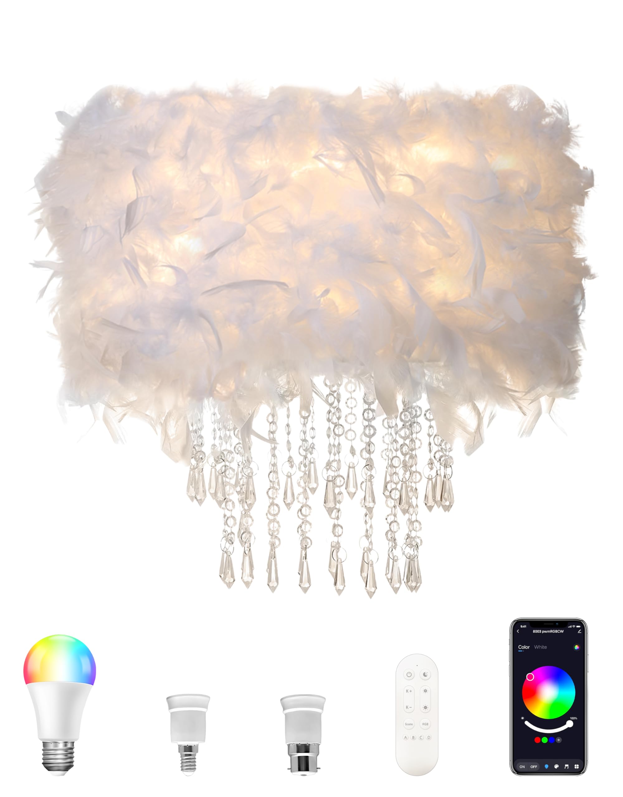Star Vision Feather Light Shade with Smart RGB Light Bulb, Remote & APP Control, Acrylic Beads Droplets, 1,000 Lumens, 15W, 2,700K to 6,500K, 50cm, White
