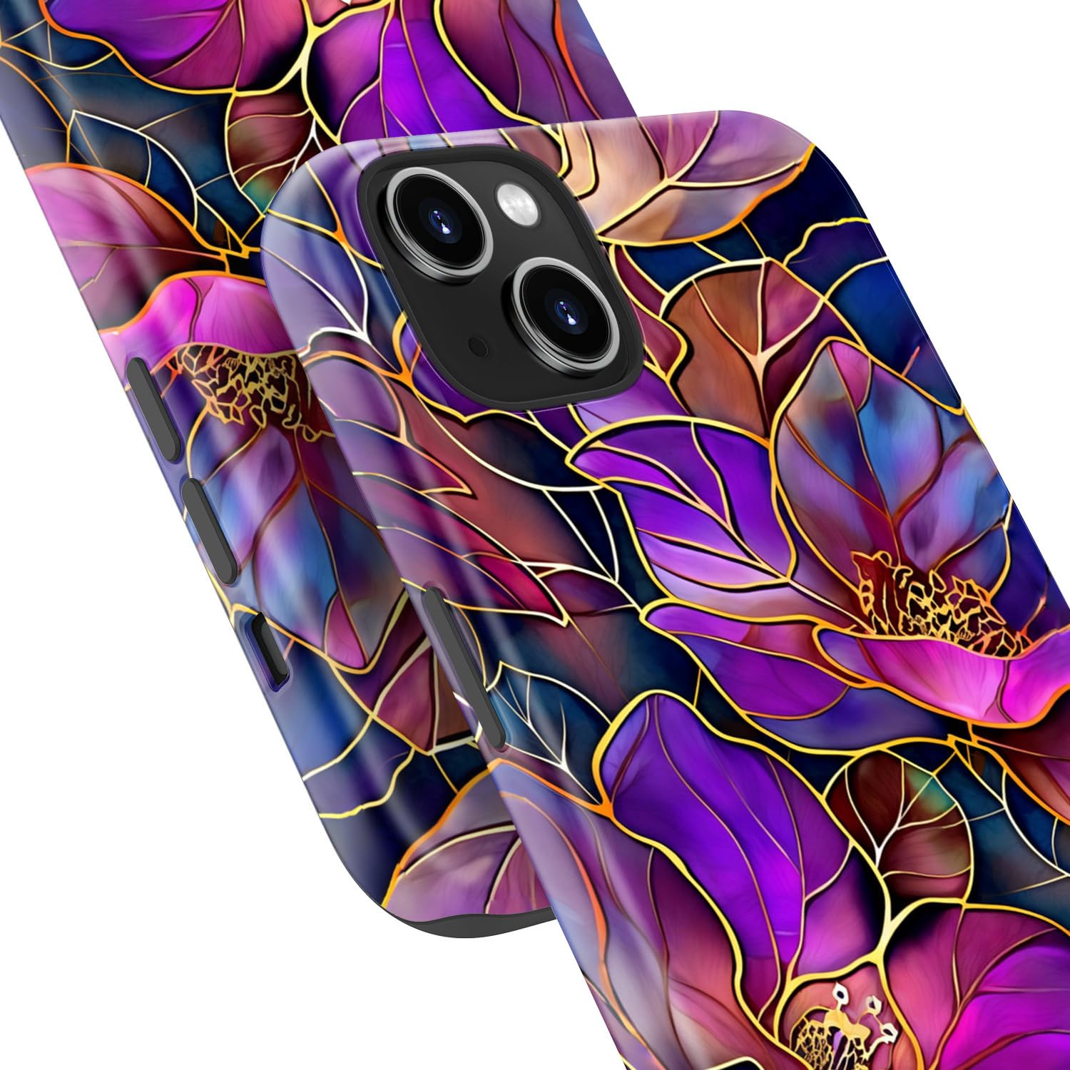 for iPhone 15 Plus Case - Wireless Charging Compatible - Dual-Layer Hard Shell + Silicone Cover - Shockproof Protective Phone Case with Stylish Designs for Women - Blooming Purple Flowers