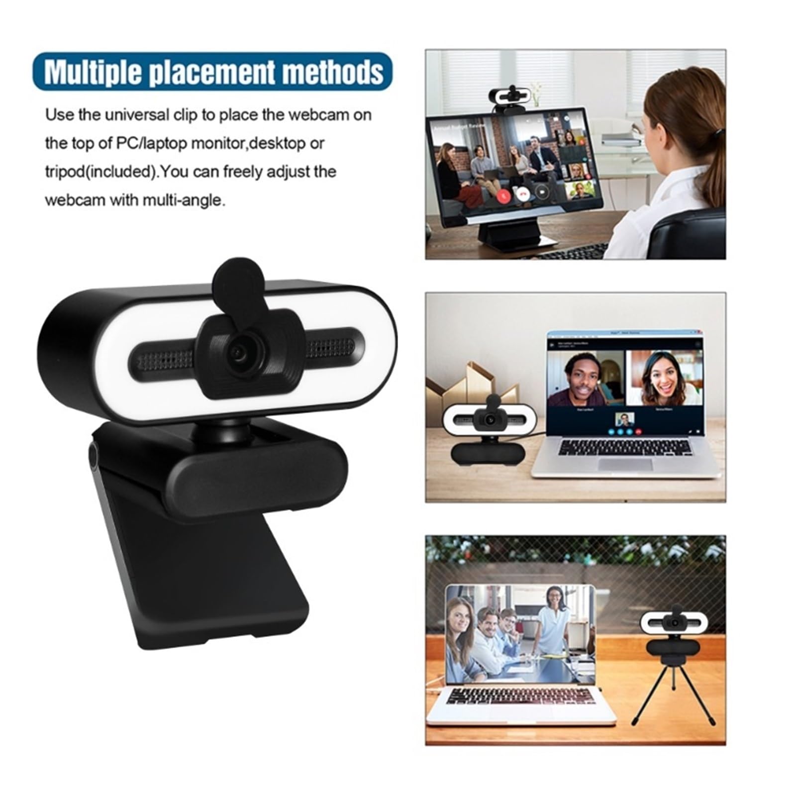 Webcam, Cámara Web 1080P 4K Full HD con luz de Relleno de Anillo, computadora portátil, PC, transmisión en Vivo, cámara Web de Video con micrófono, cámaras giratorias(4K)